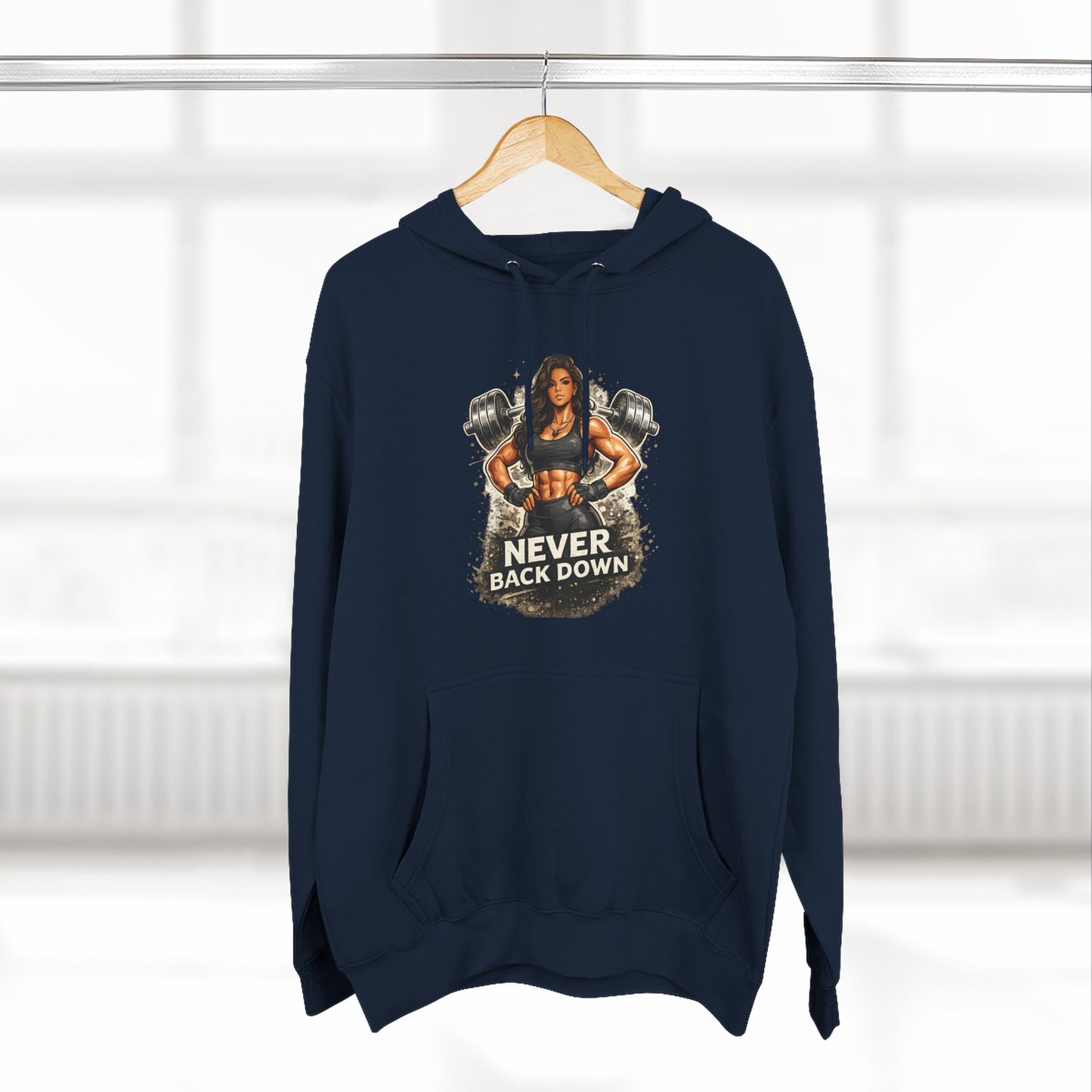 Never Back Down Hoodie — Motivational Gym Hoodie with Female Weightlifter Graphic
