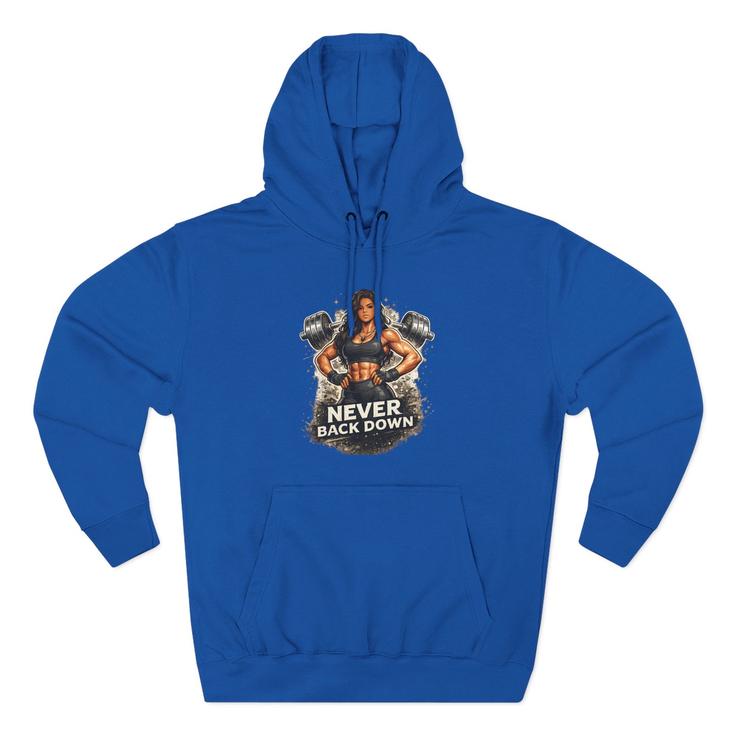 Never Back Down Hoodie — Motivational Gym Hoodie with Female Weightlifter Graphic
