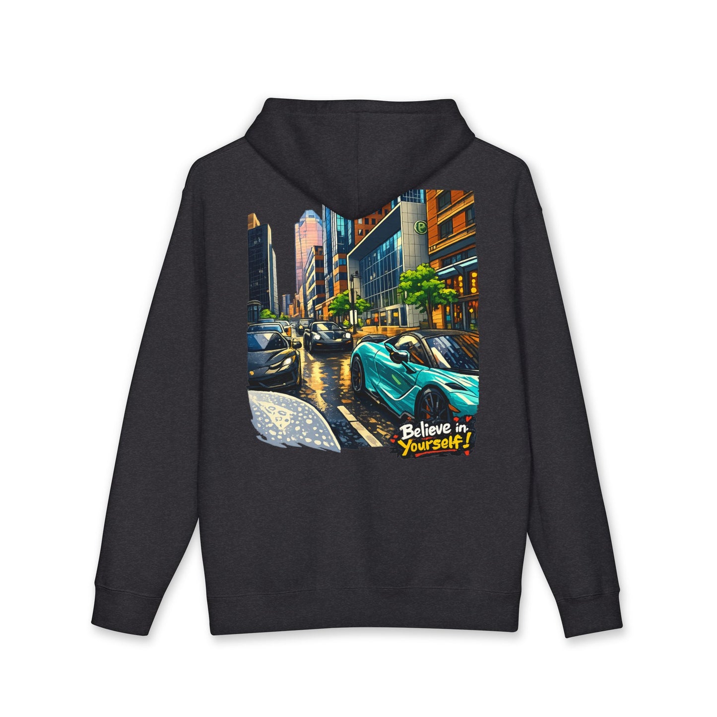 City Streets Hoodie — Urban Rainy Day Car Illustration Pullover