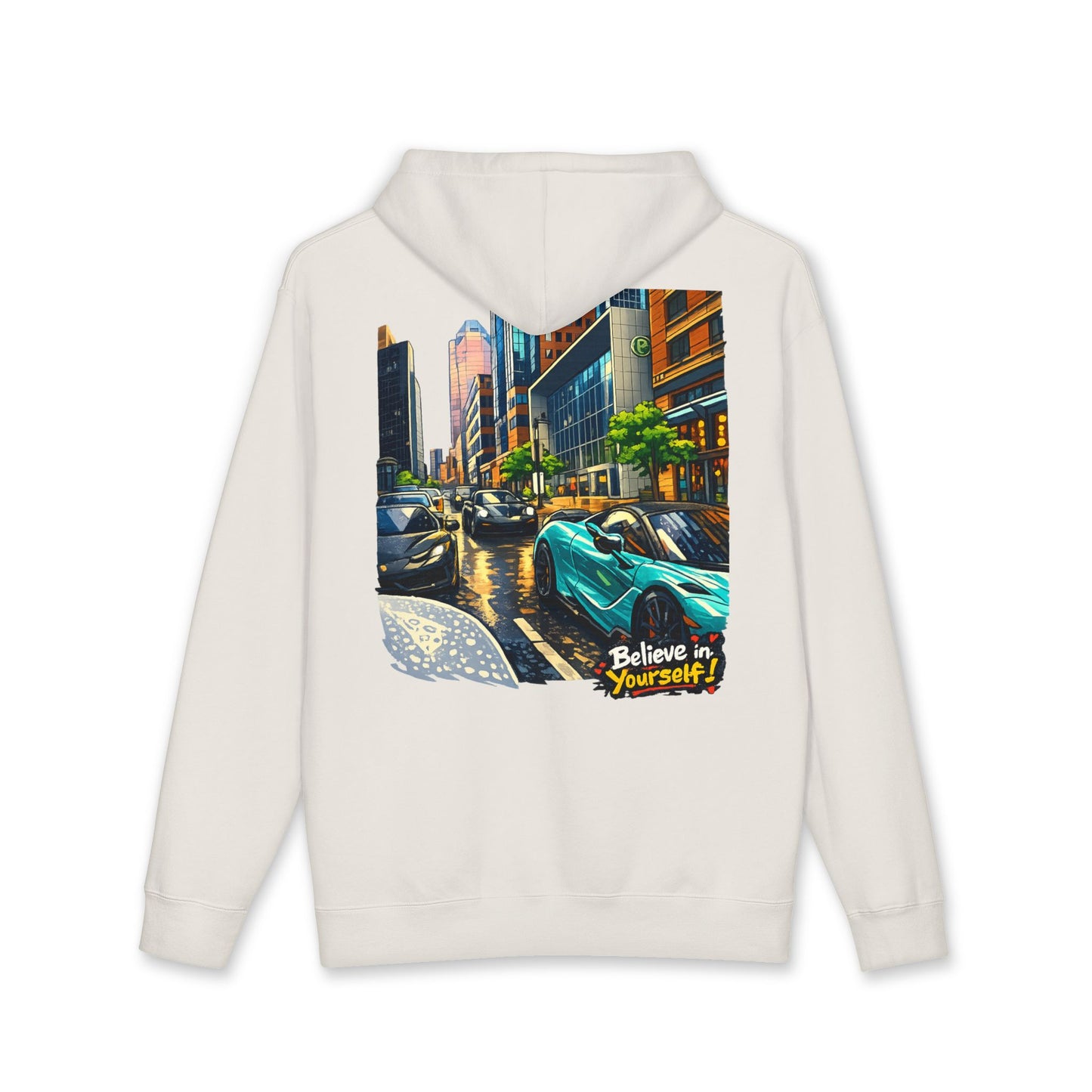 City Streets Hoodie — Urban Rainy Day Car Illustration Pullover