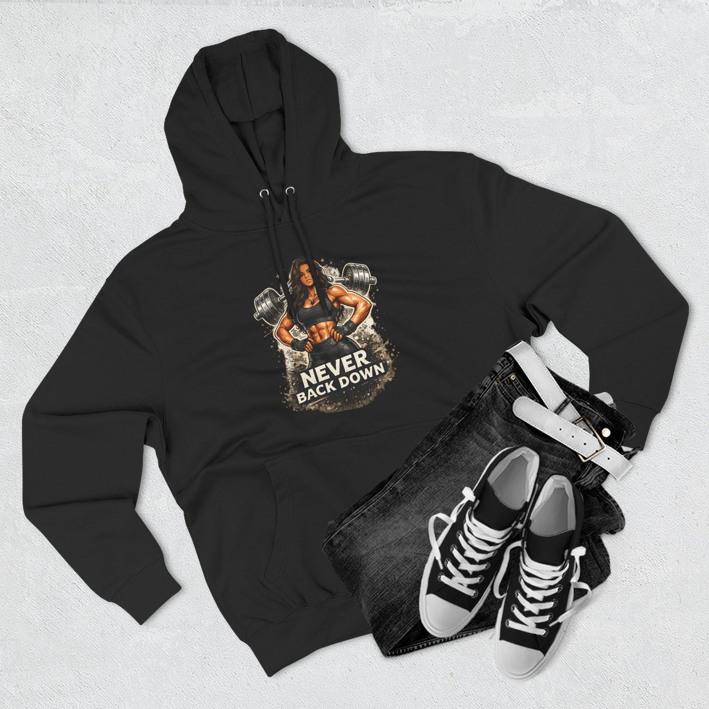 Never Back Down Hoodie — Motivational Gym Hoodie with Female Weightlifter Graphic