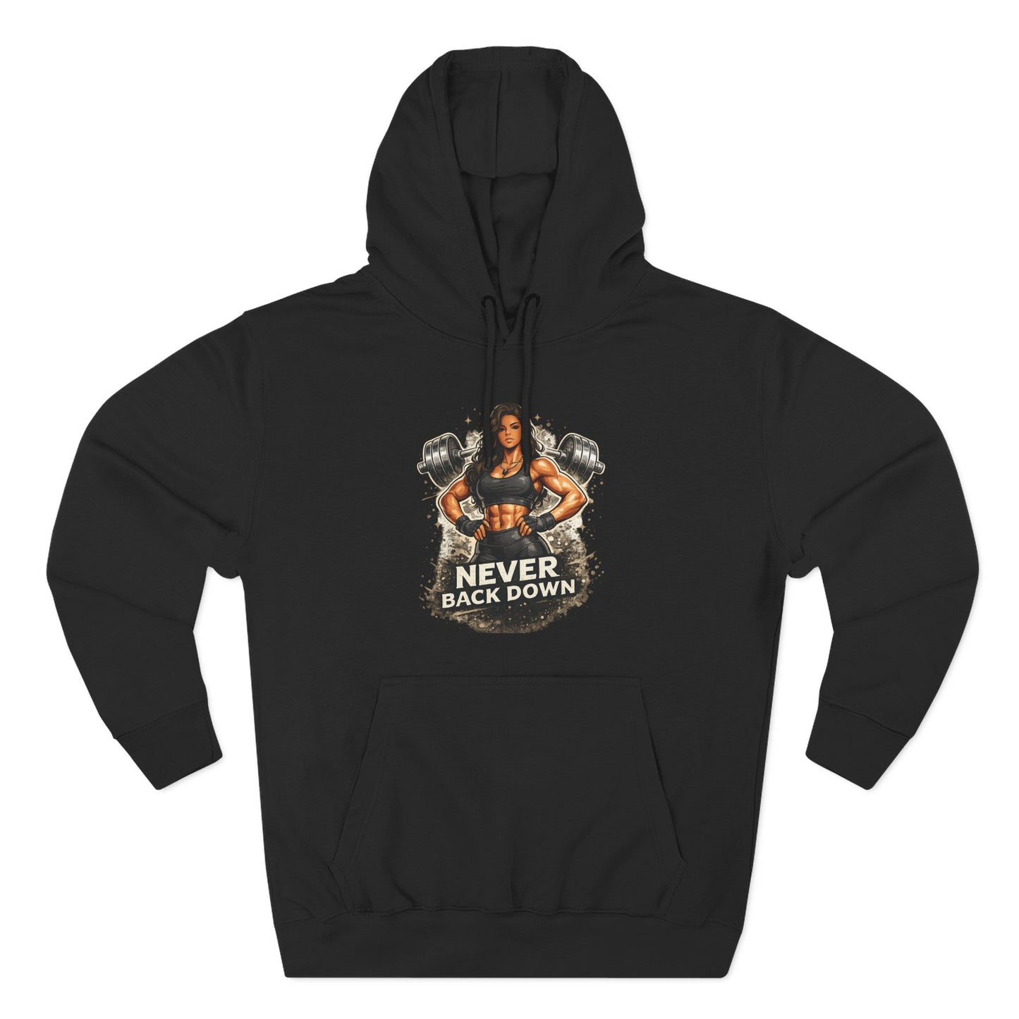 Never Back Down Hoodie — Motivational Gym Hoodie with Female Weightlifter Graphic