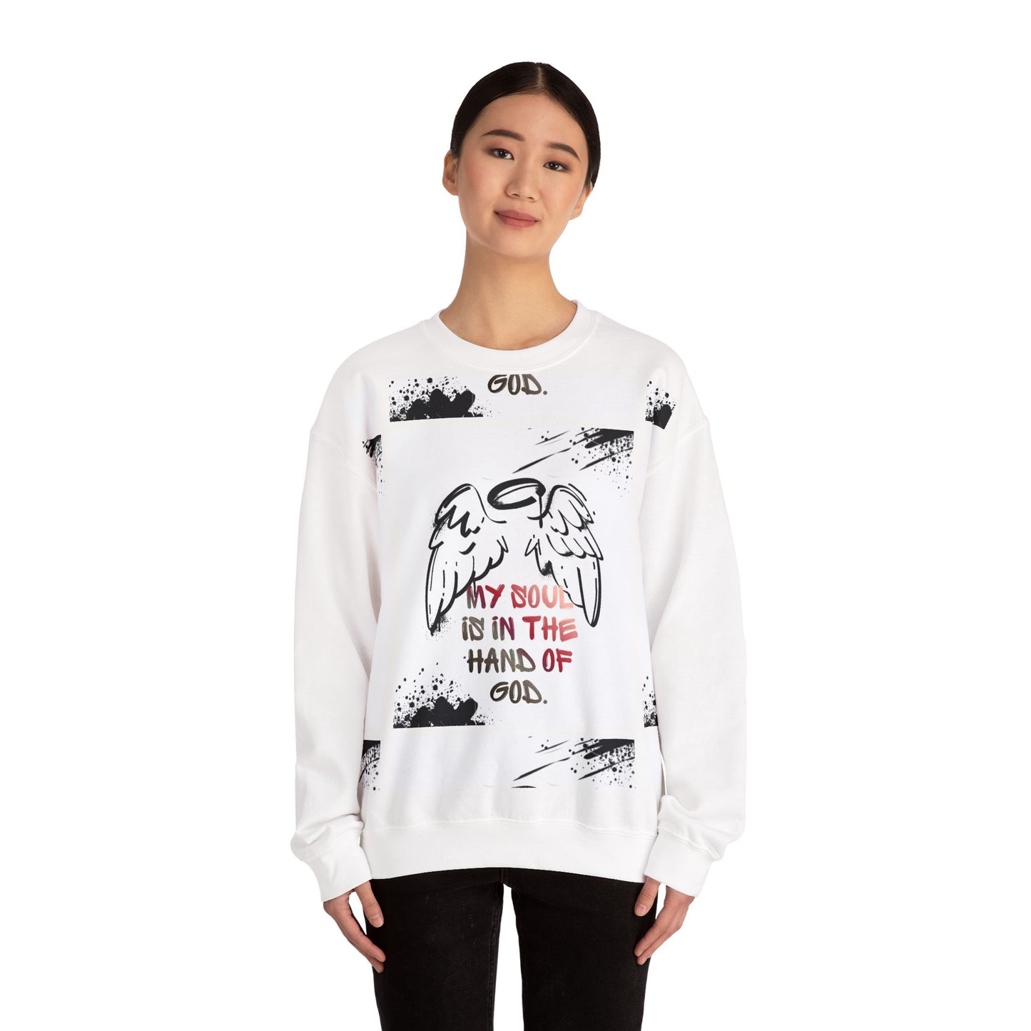 Christian Crewneck Sweatshirt — "My Soul Is In The Hand Of God" Angel Wings Graphic