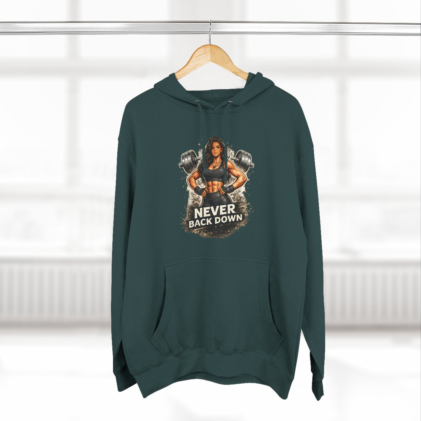 Never Back Down Hoodie — Motivational Gym Hoodie with Female Weightlifter Graphic