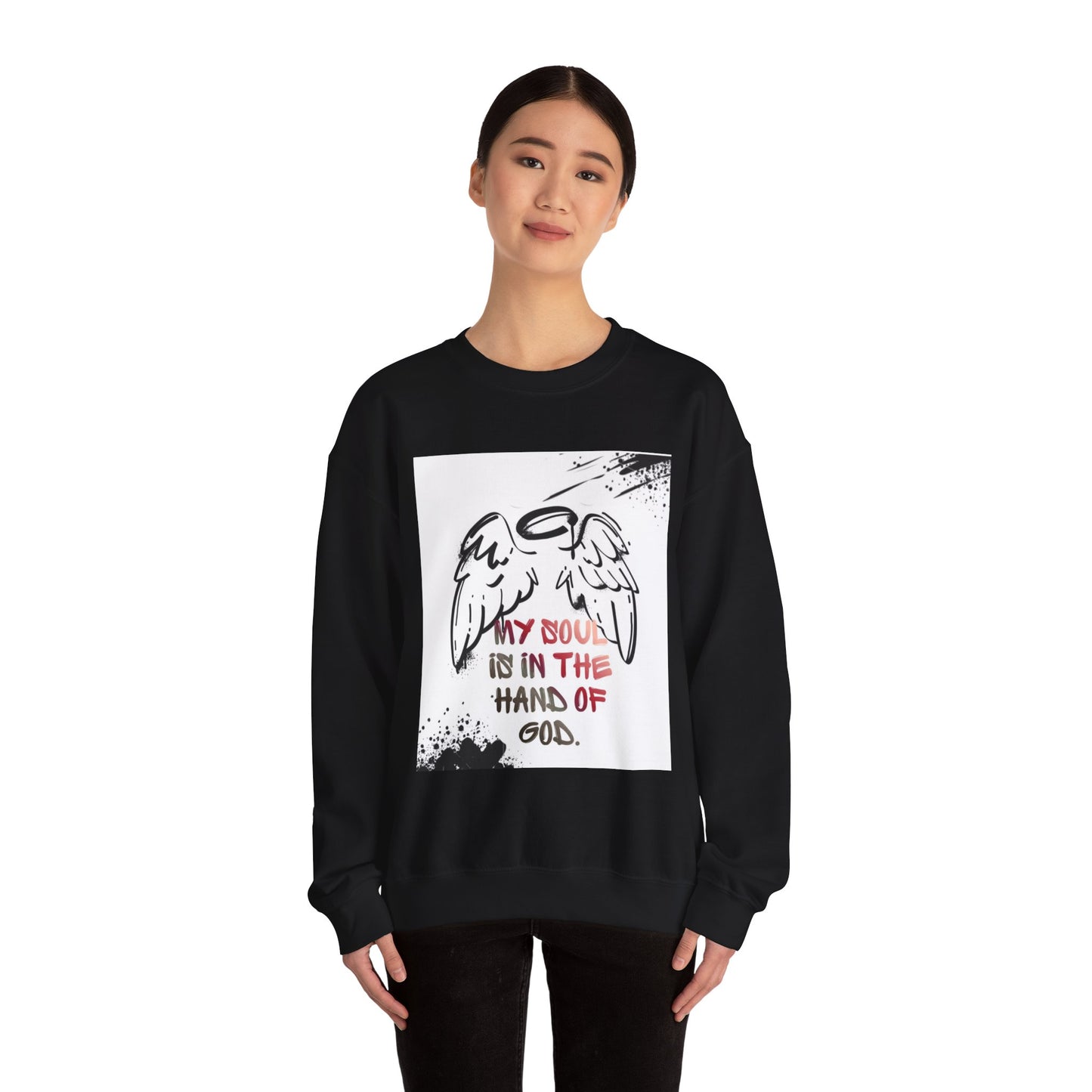 Christian Crewneck Sweatshirt — "My Soul Is In The Hand Of God" Angel Wings Graphic