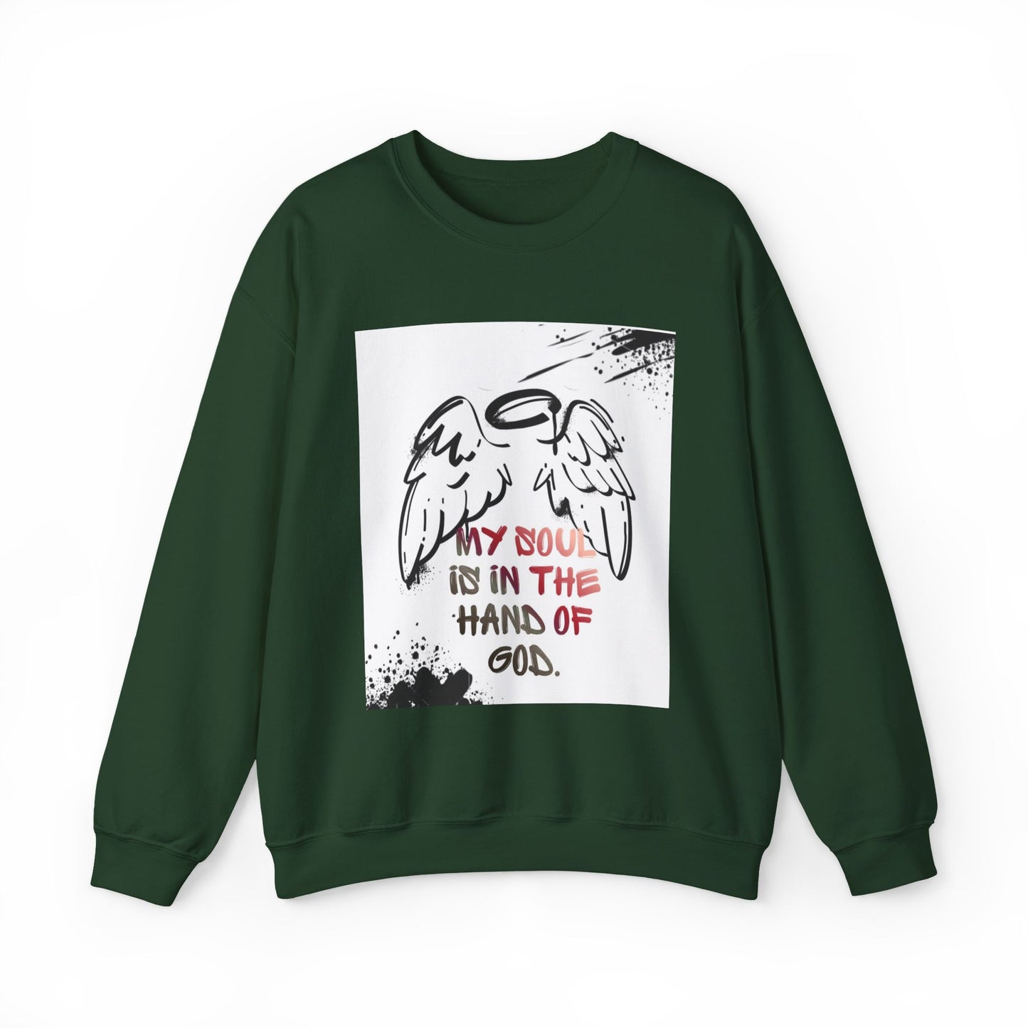 Christian Crewneck Sweatshirt — "My Soul Is In The Hand Of God" Angel Wings Graphic