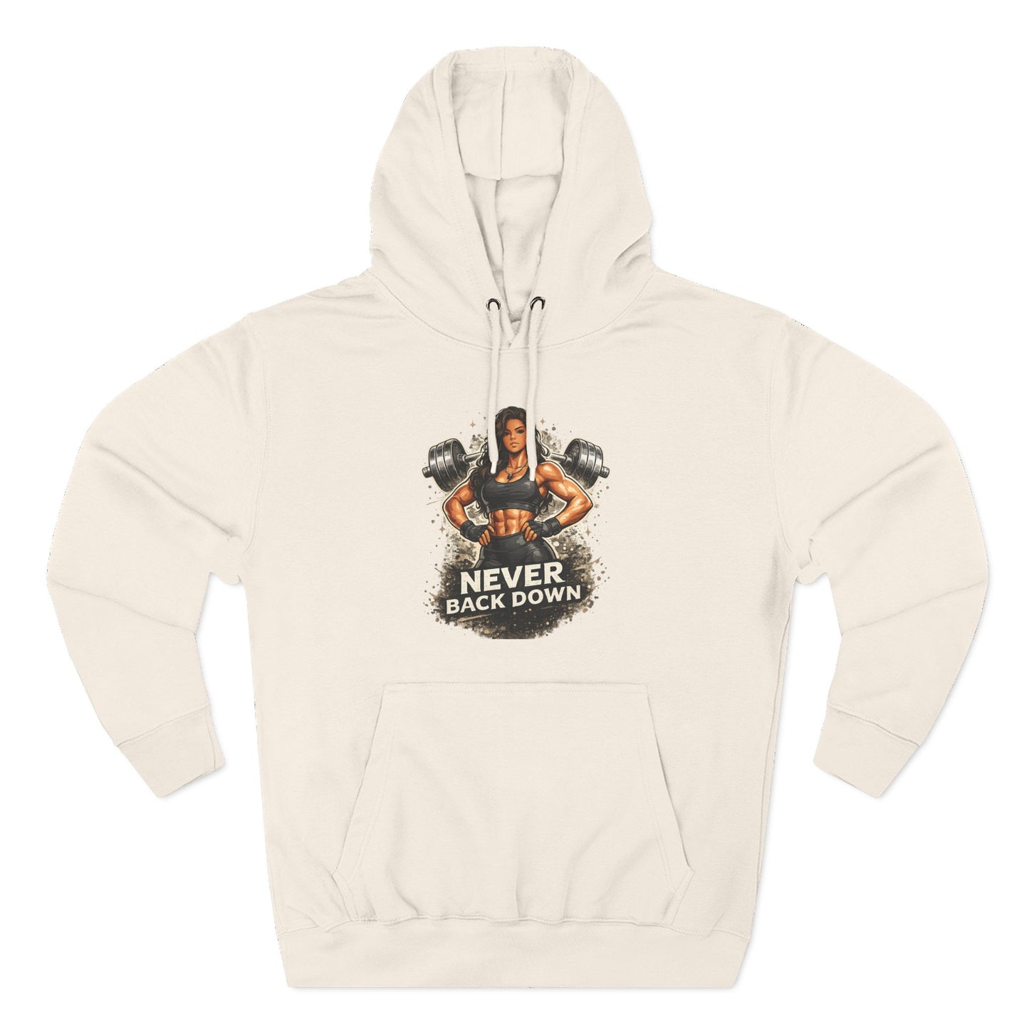 Never Back Down Hoodie — Motivational Gym Hoodie with Female Weightlifter Graphic