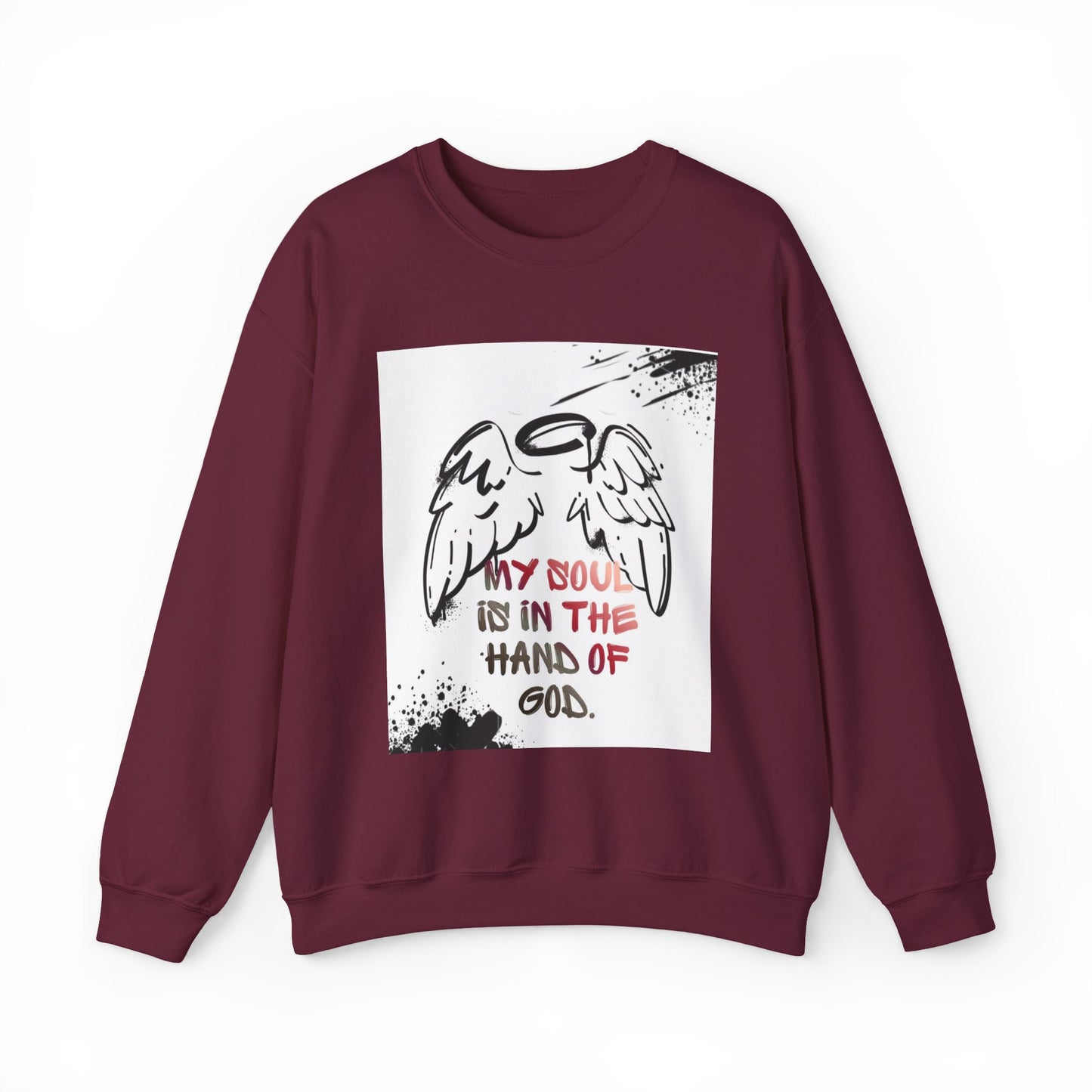 Christian Crewneck Sweatshirt — "My Soul Is In The Hand Of God" Angel Wings Graphic