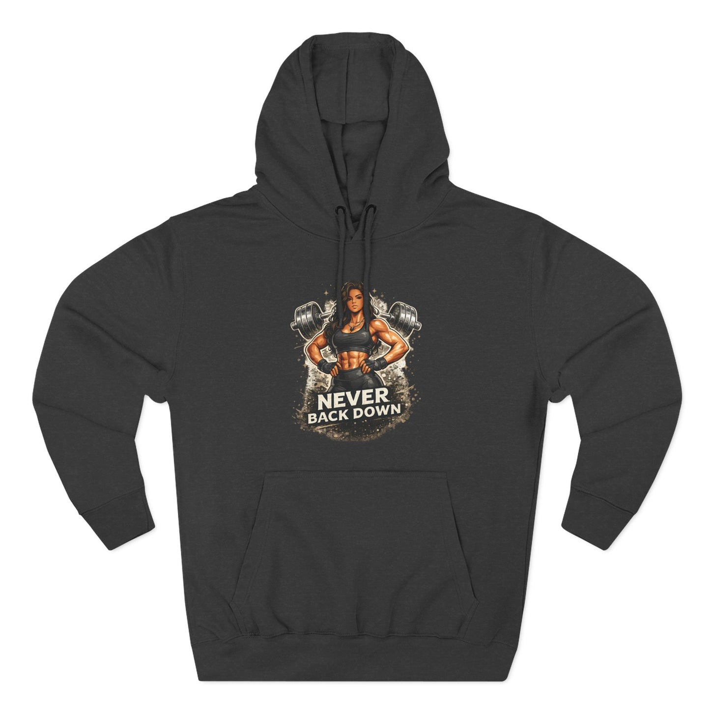 Never Back Down Hoodie — Motivational Gym Hoodie with Female Weightlifter Graphic