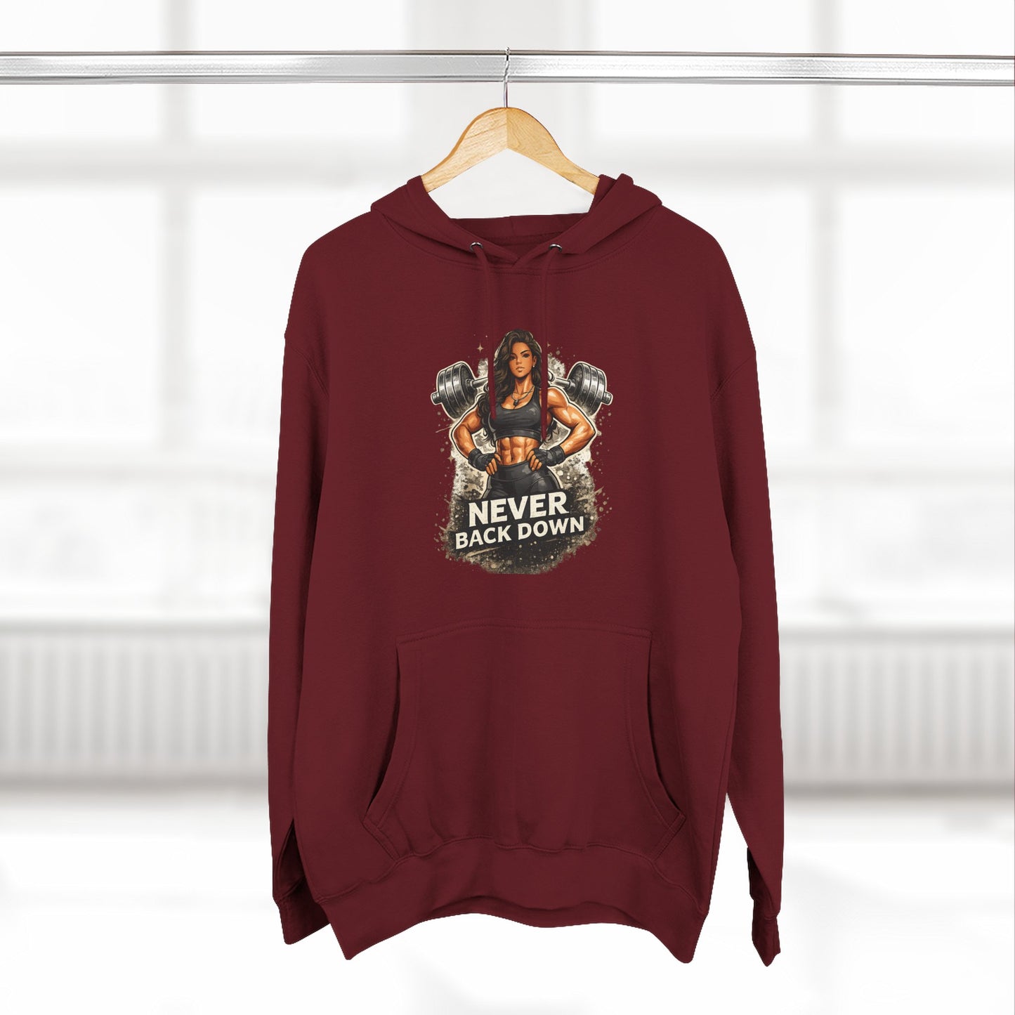 Never Back Down Hoodie — Motivational Gym Hoodie with Female Weightlifter Graphic