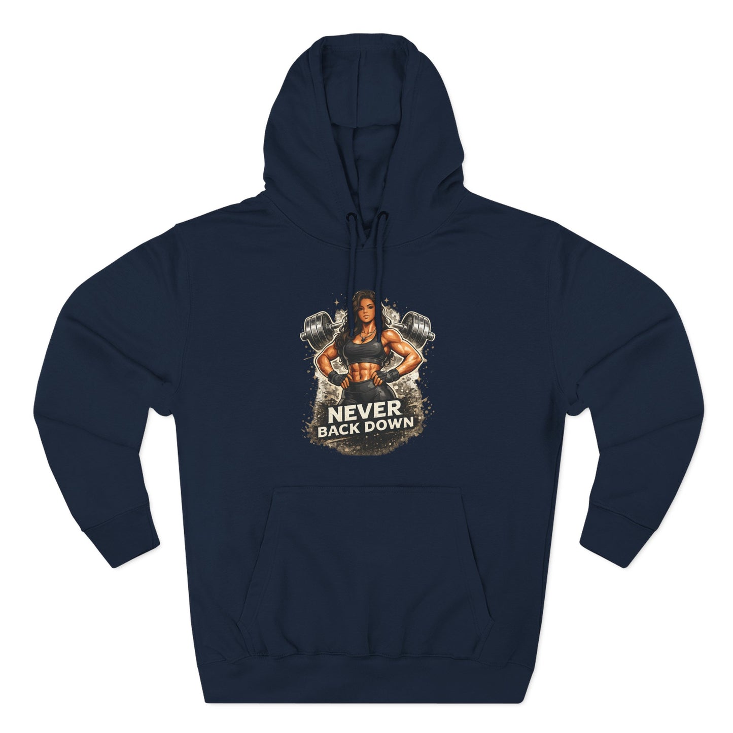 Never Back Down Hoodie — Motivational Gym Hoodie with Female Weightlifter Graphic