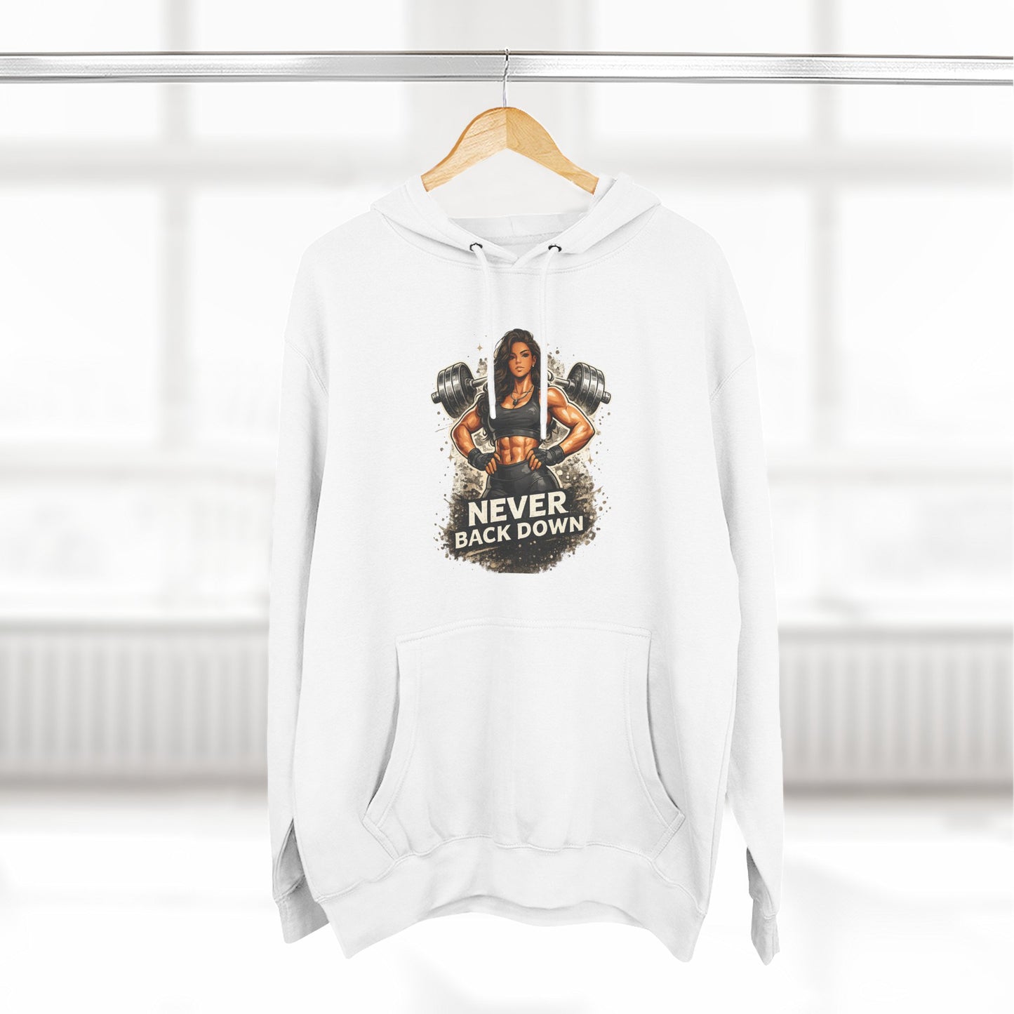 Never Back Down Hoodie — Motivational Gym Hoodie with Female Weightlifter Graphic