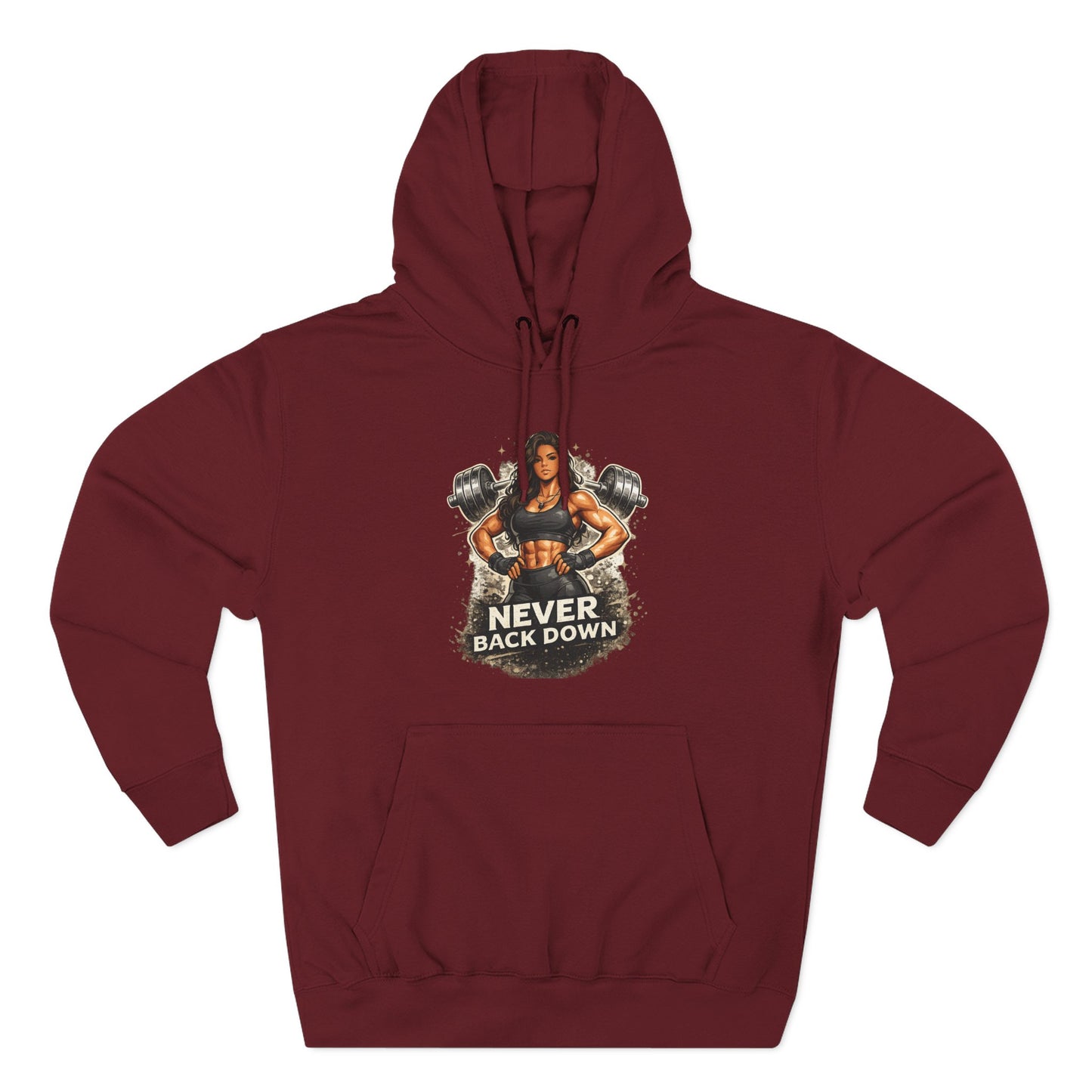 Never Back Down Hoodie — Motivational Gym Hoodie with Female Weightlifter Graphic