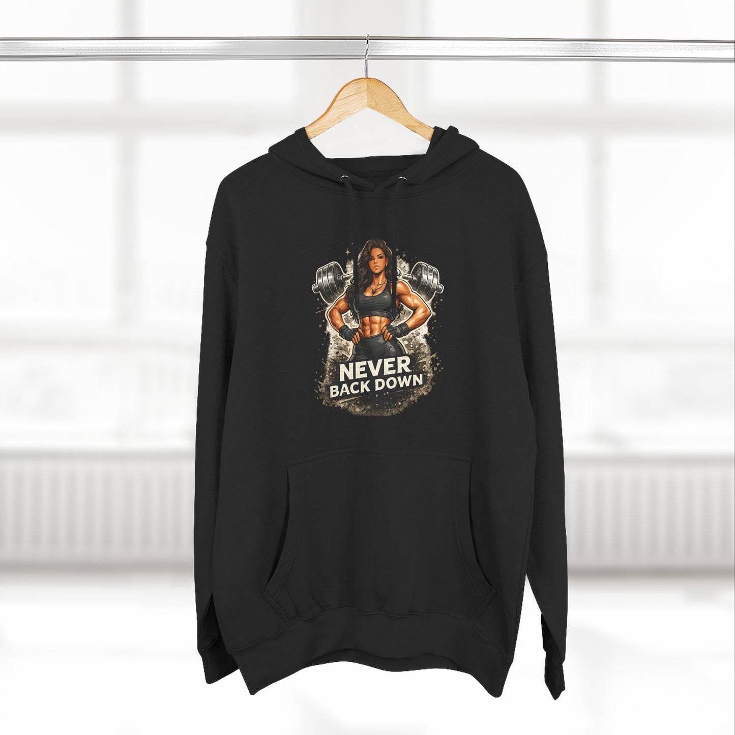 Never Back Down Hoodie — Motivational Gym Hoodie with Female Weightlifter Graphic
