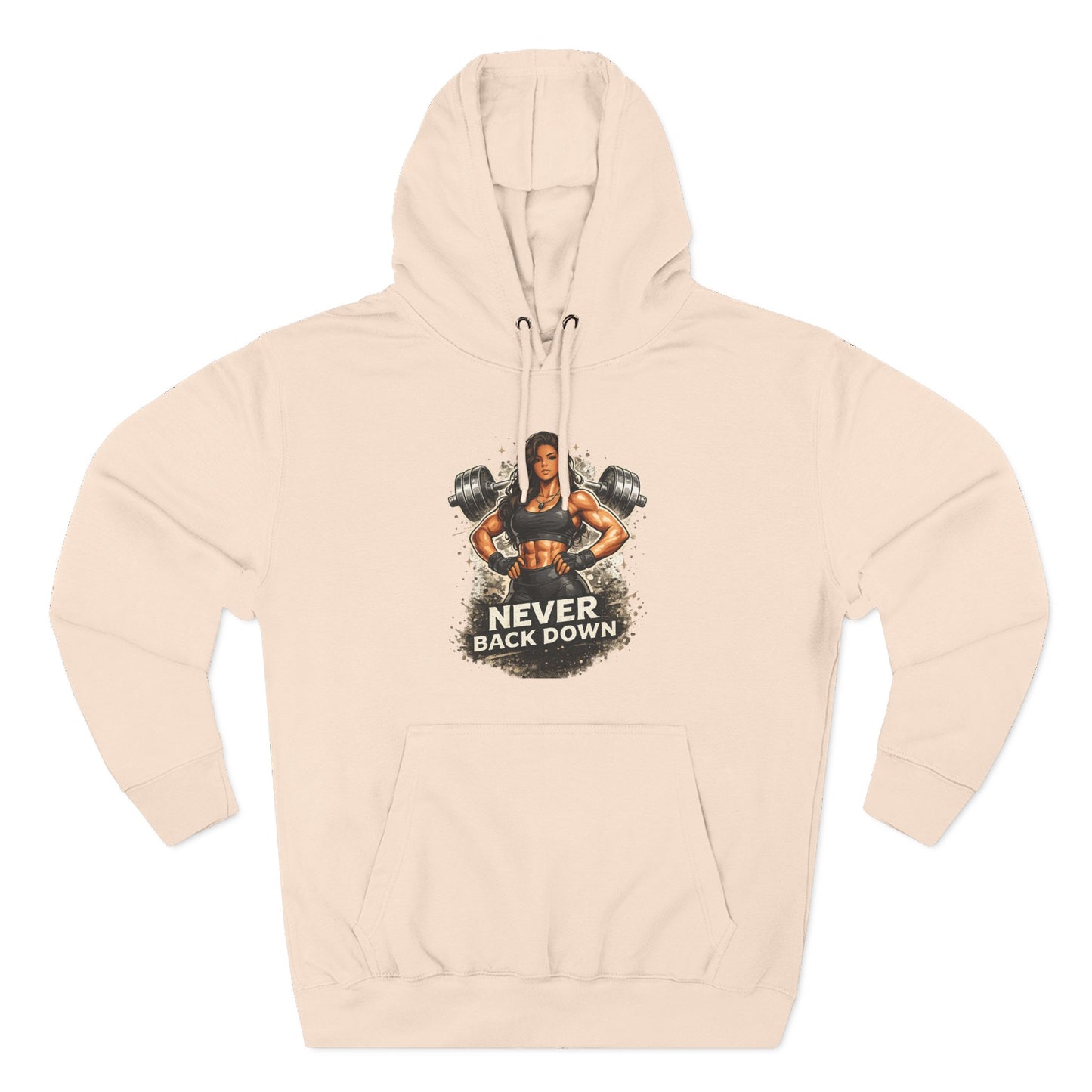 Never Back Down Hoodie — Motivational Gym Hoodie with Female Weightlifter Graphic