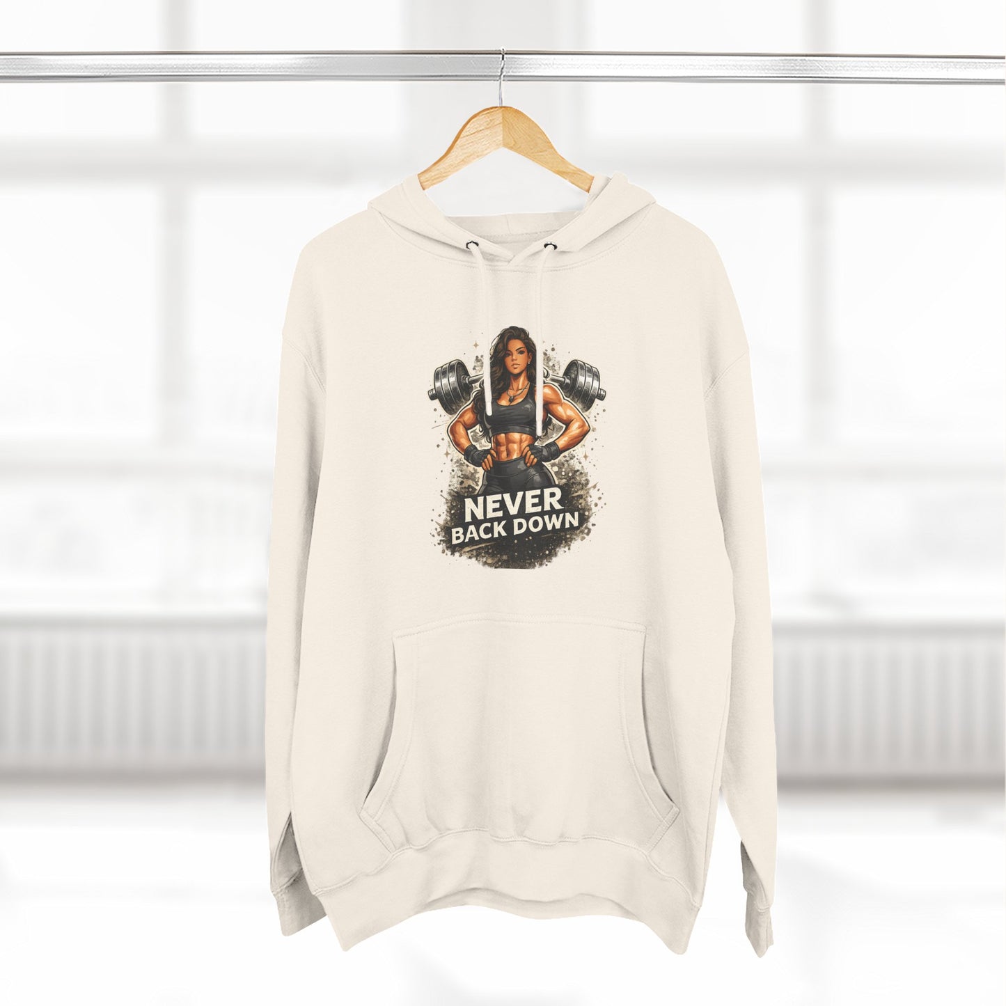 Never Back Down Hoodie — Motivational Gym Hoodie with Female Weightlifter Graphic