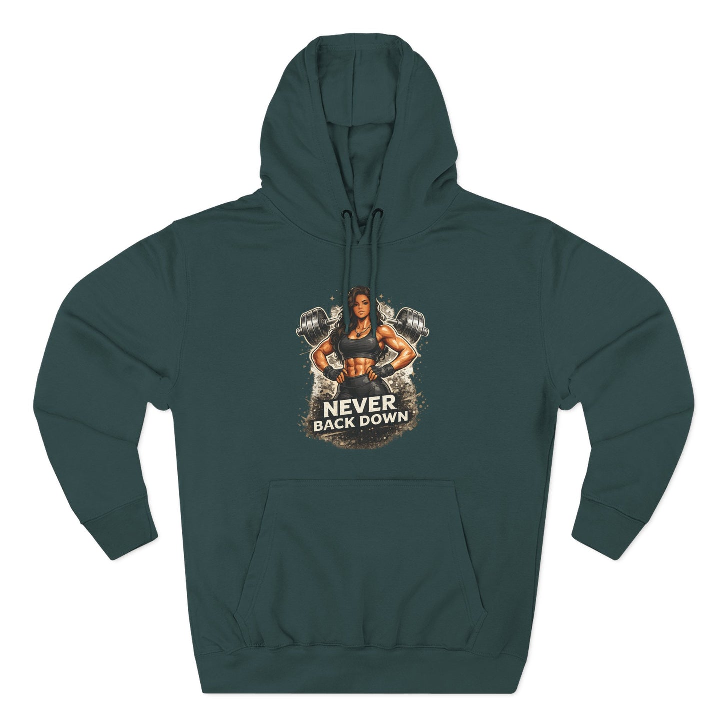 Never Back Down Hoodie — Motivational Gym Hoodie with Female Weightlifter Graphic