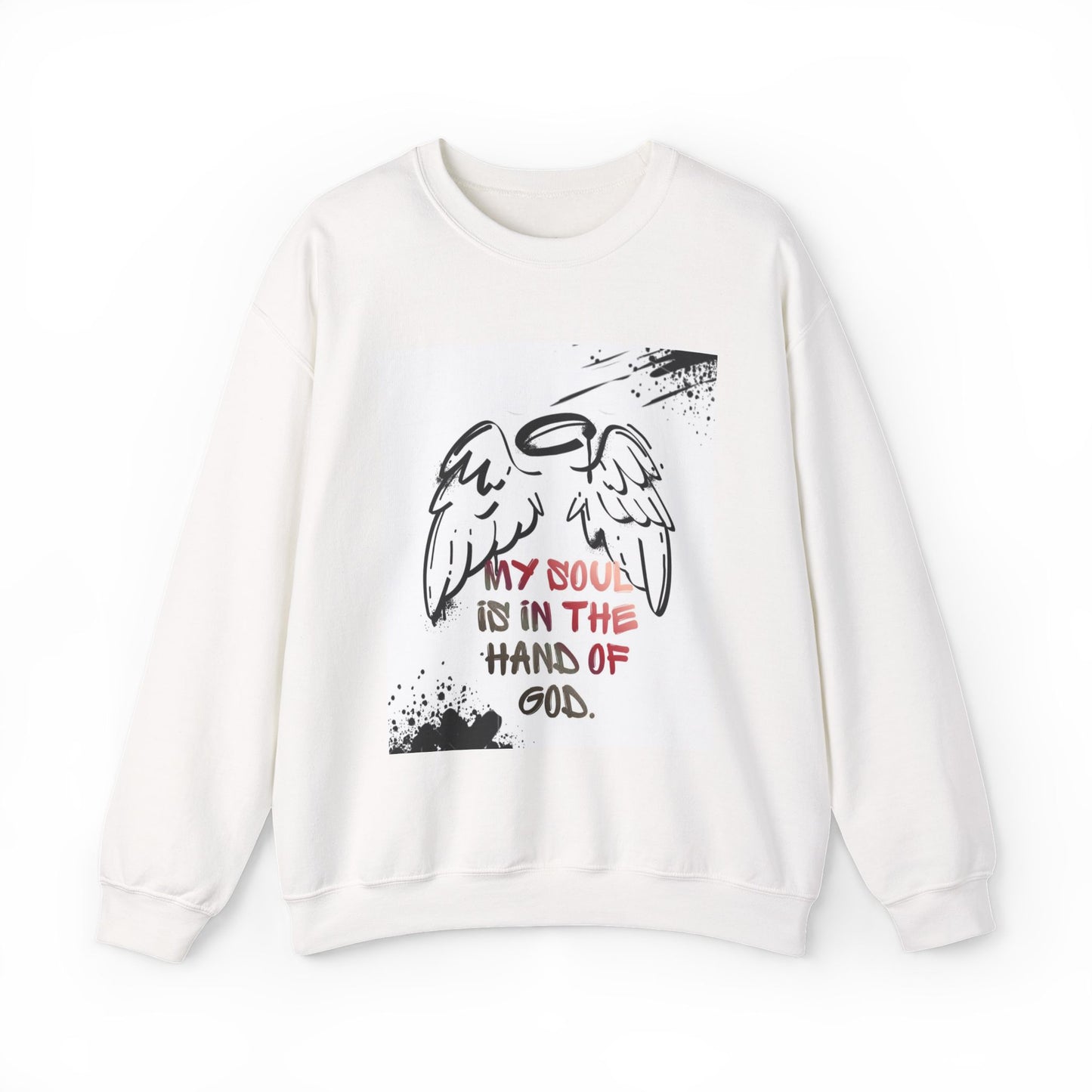 Christian Crewneck Sweatshirt — "My Soul Is In The Hand Of God" Angel Wings Graphic