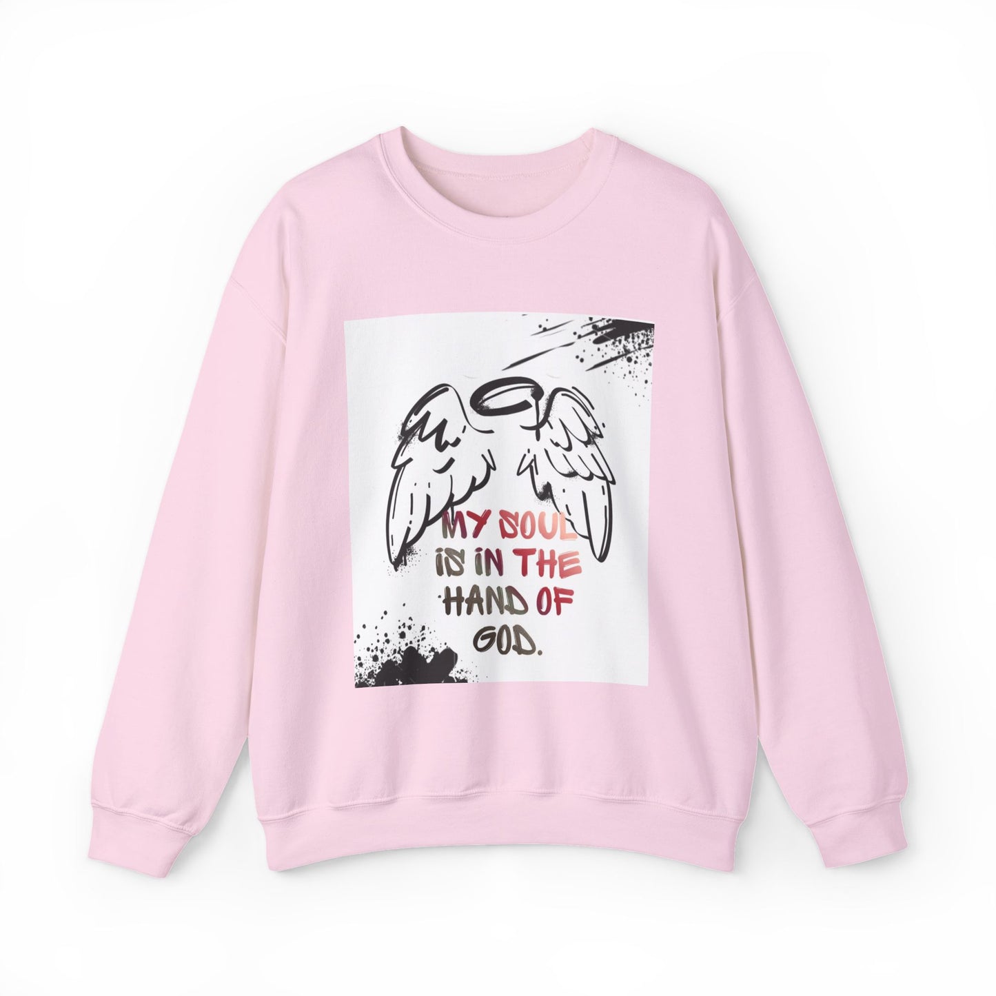 Christian Crewneck Sweatshirt — "My Soul Is In The Hand Of God" Angel Wings Graphic