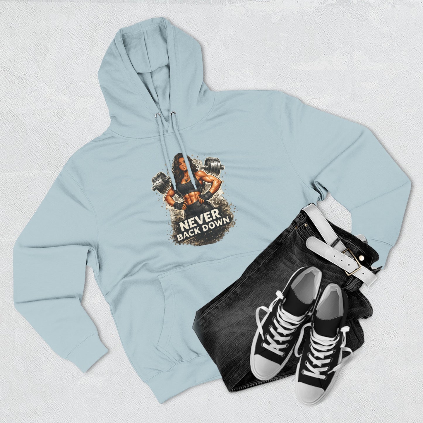 Never Back Down Hoodie — Motivational Gym Hoodie with Female Weightlifter Graphic