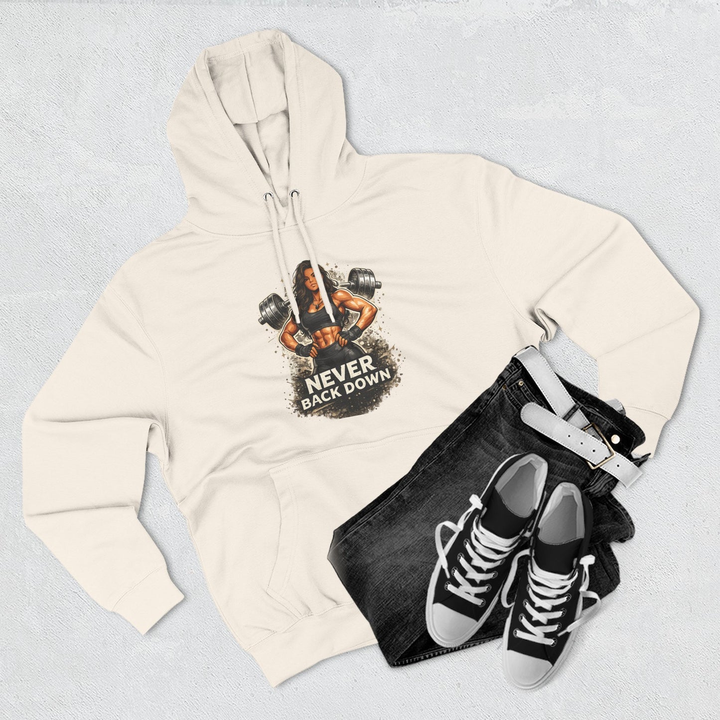 Never Back Down Hoodie — Motivational Gym Hoodie with Female Weightlifter Graphic