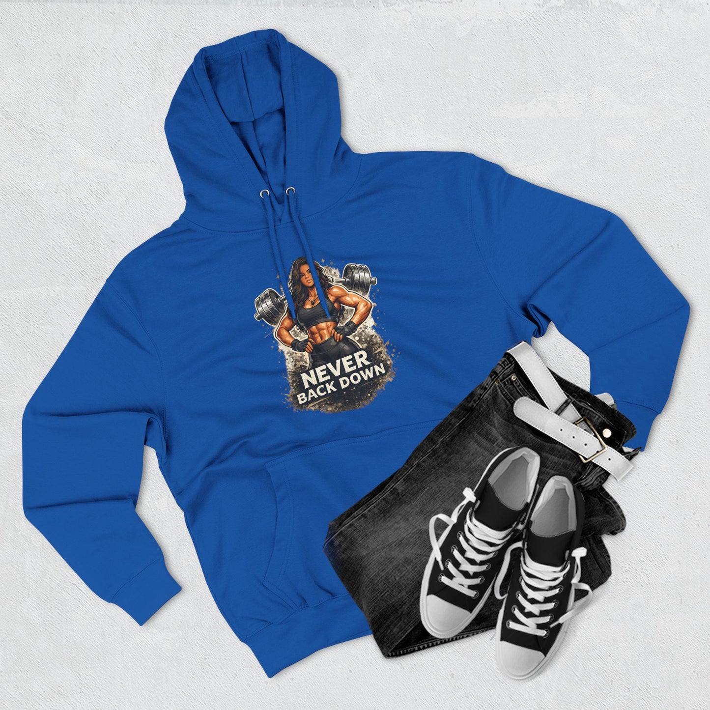 Never Back Down Hoodie — Motivational Gym Hoodie with Female Weightlifter Graphic