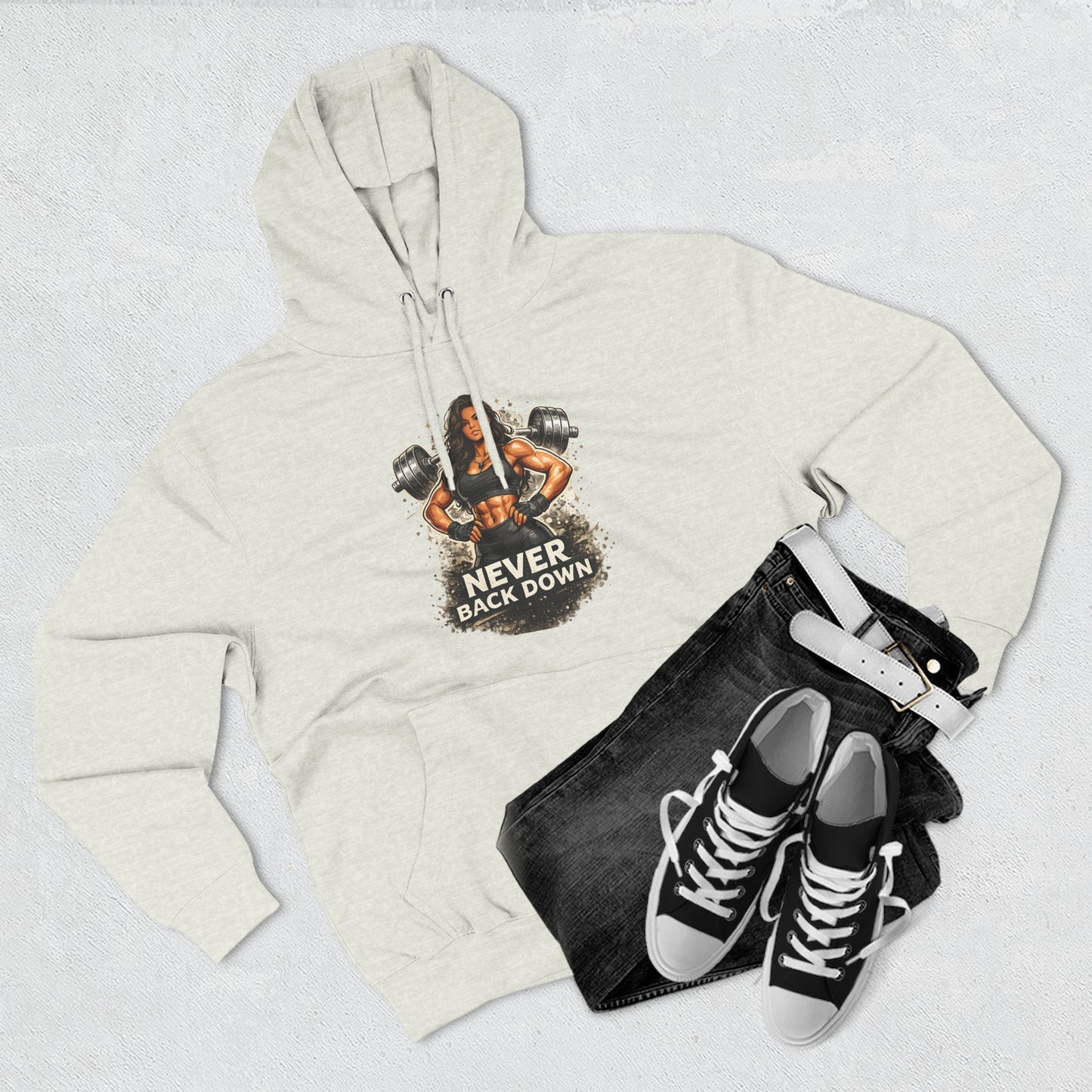 Never Back Down Hoodie — Motivational Gym Hoodie with Female Weightlifter Graphic
