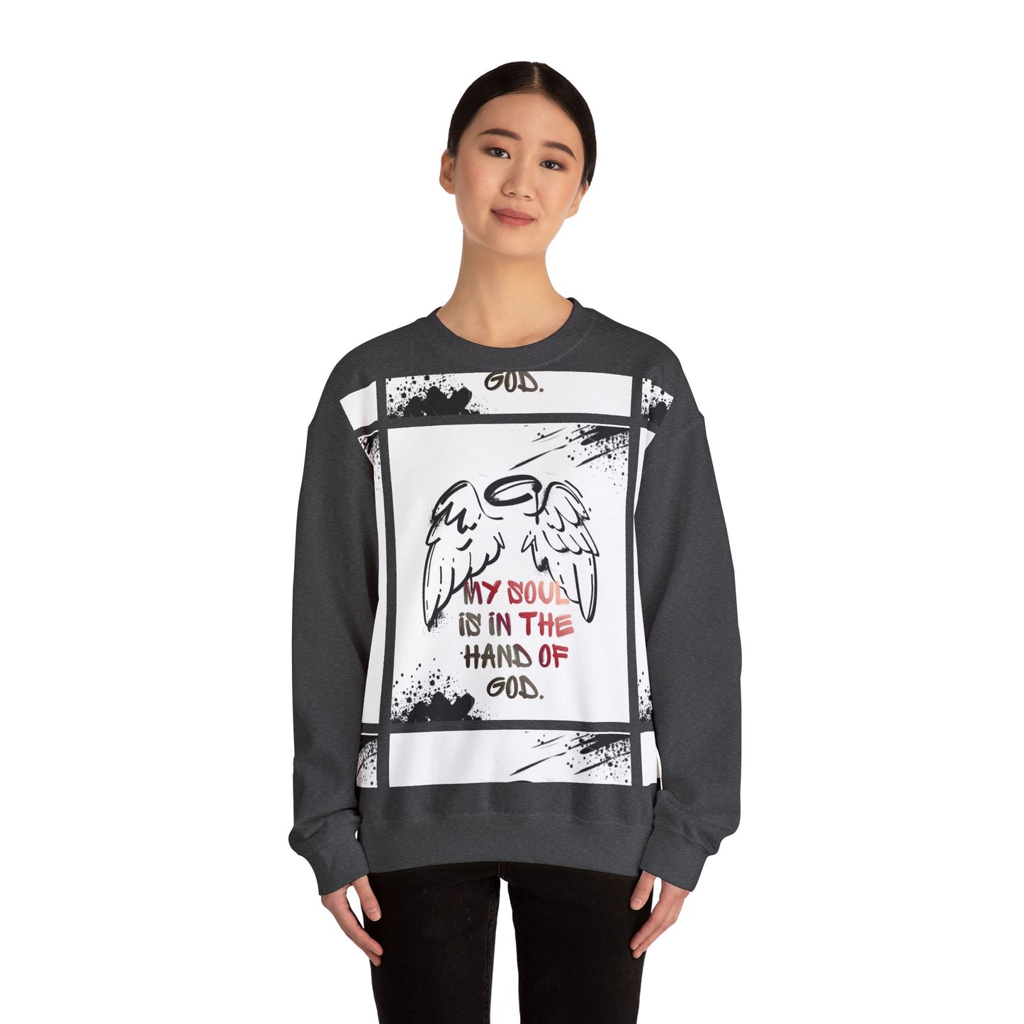 Christian Crewneck Sweatshirt — "My Soul Is In The Hand Of God" Angel Wings Graphic