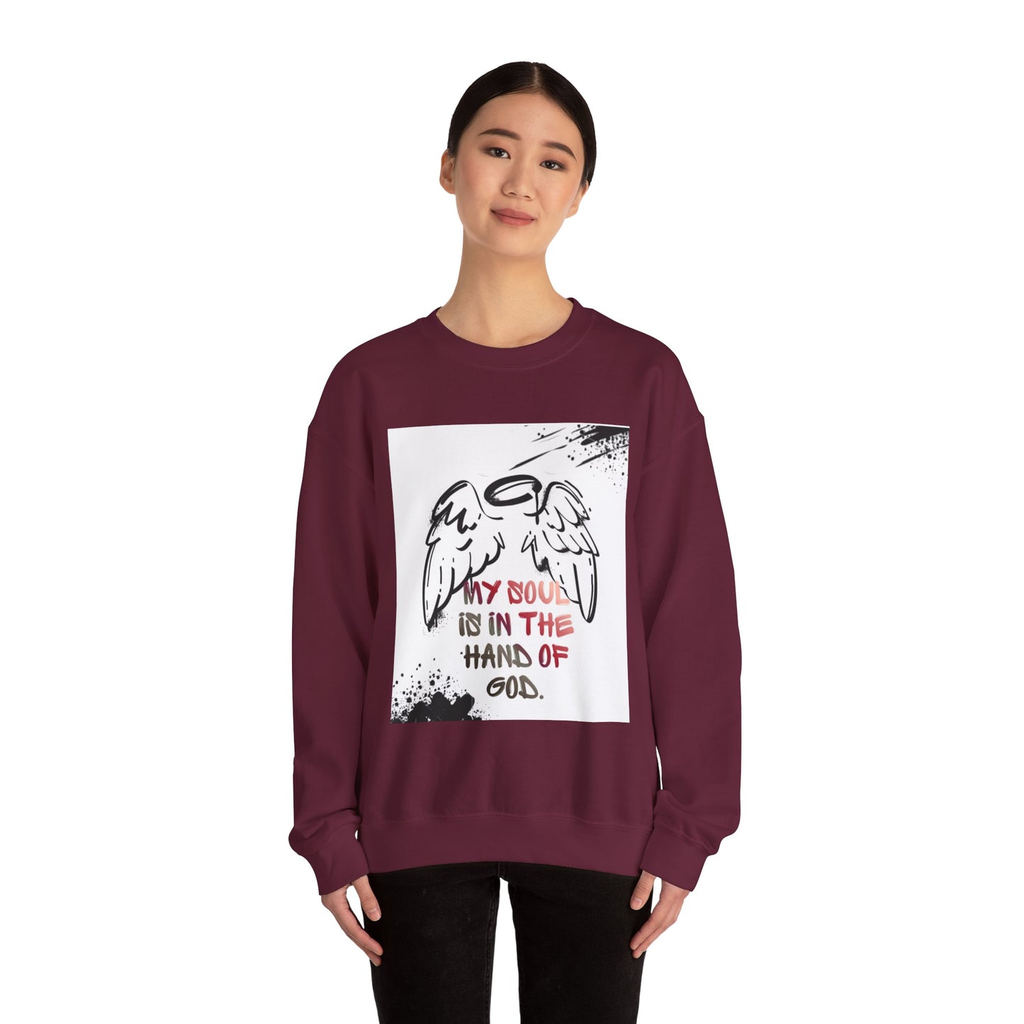 Christian Crewneck Sweatshirt — "My Soul Is In The Hand Of God" Angel Wings Graphic