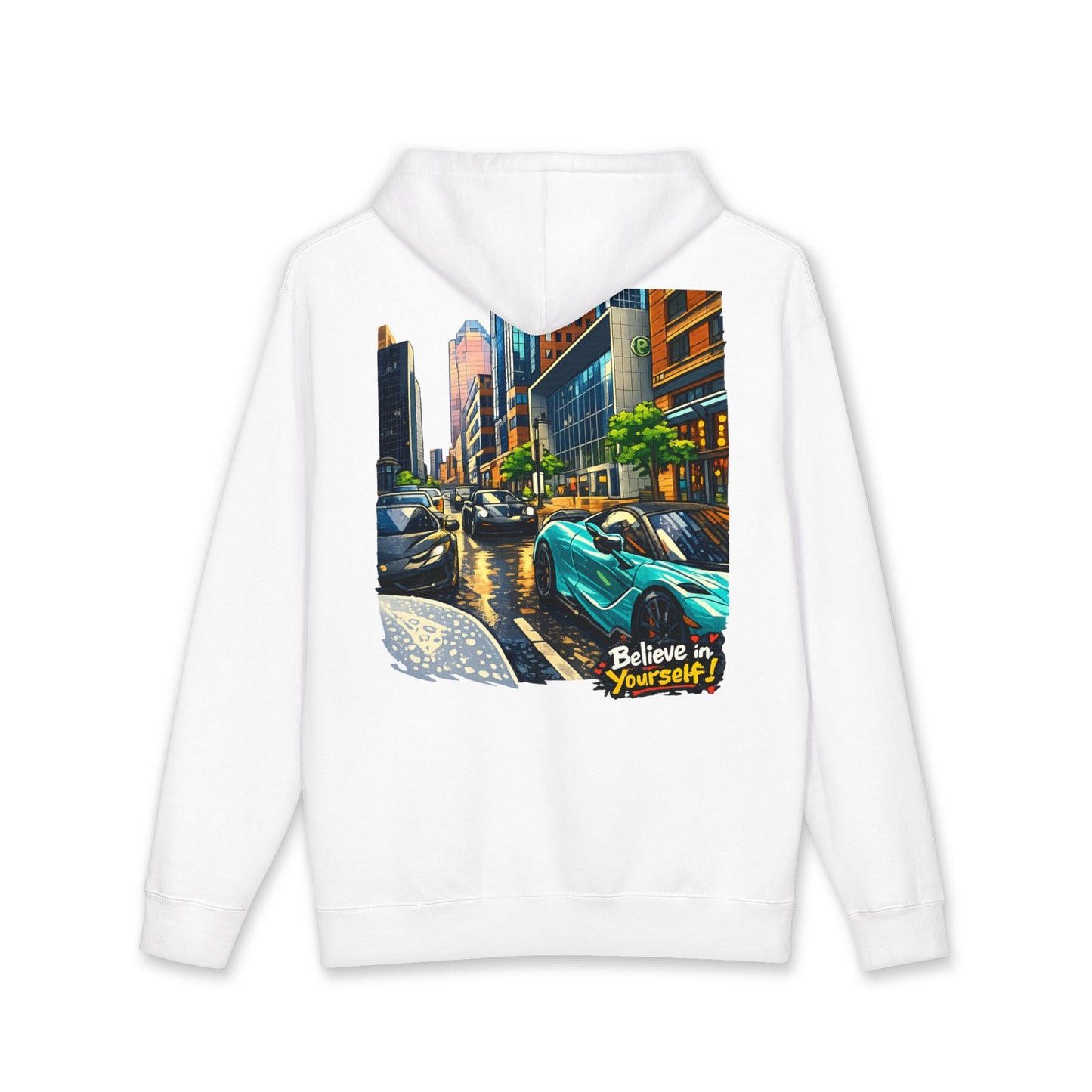 City Streets Hoodie — Urban Rainy Day Car Illustration Pullover