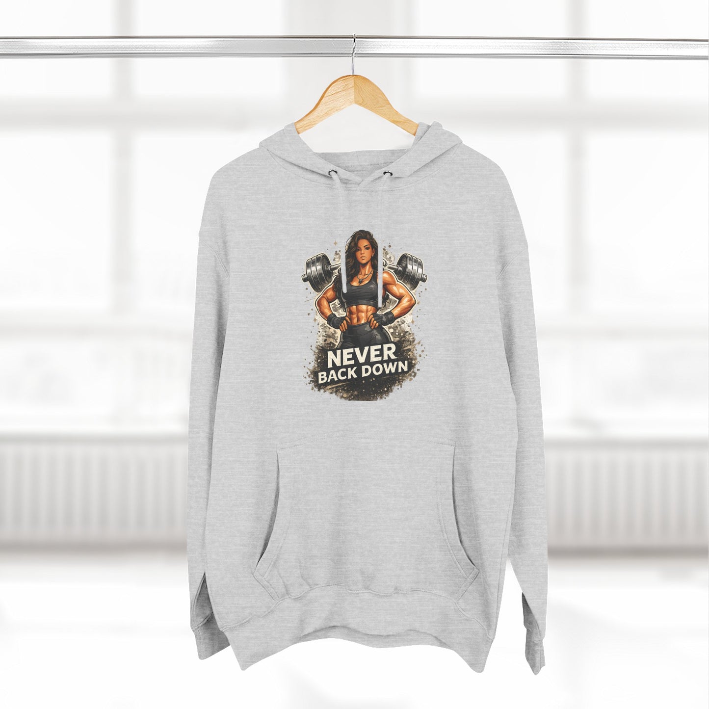 Never Back Down Hoodie — Motivational Gym Hoodie with Female Weightlifter Graphic
