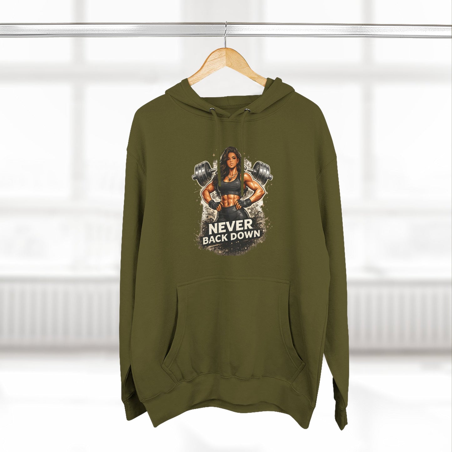 Never Back Down Hoodie — Motivational Gym Hoodie with Female Weightlifter Graphic