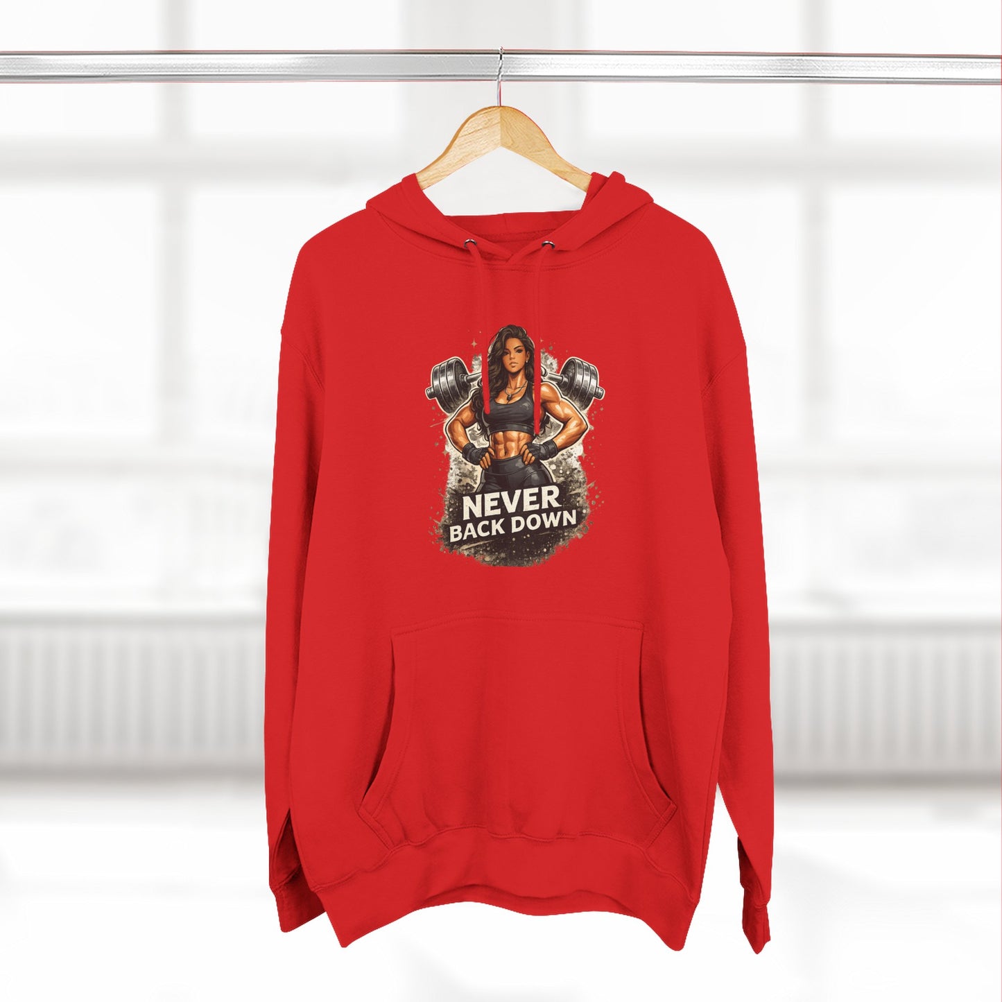 Never Back Down Hoodie — Motivational Gym Hoodie with Female Weightlifter Graphic