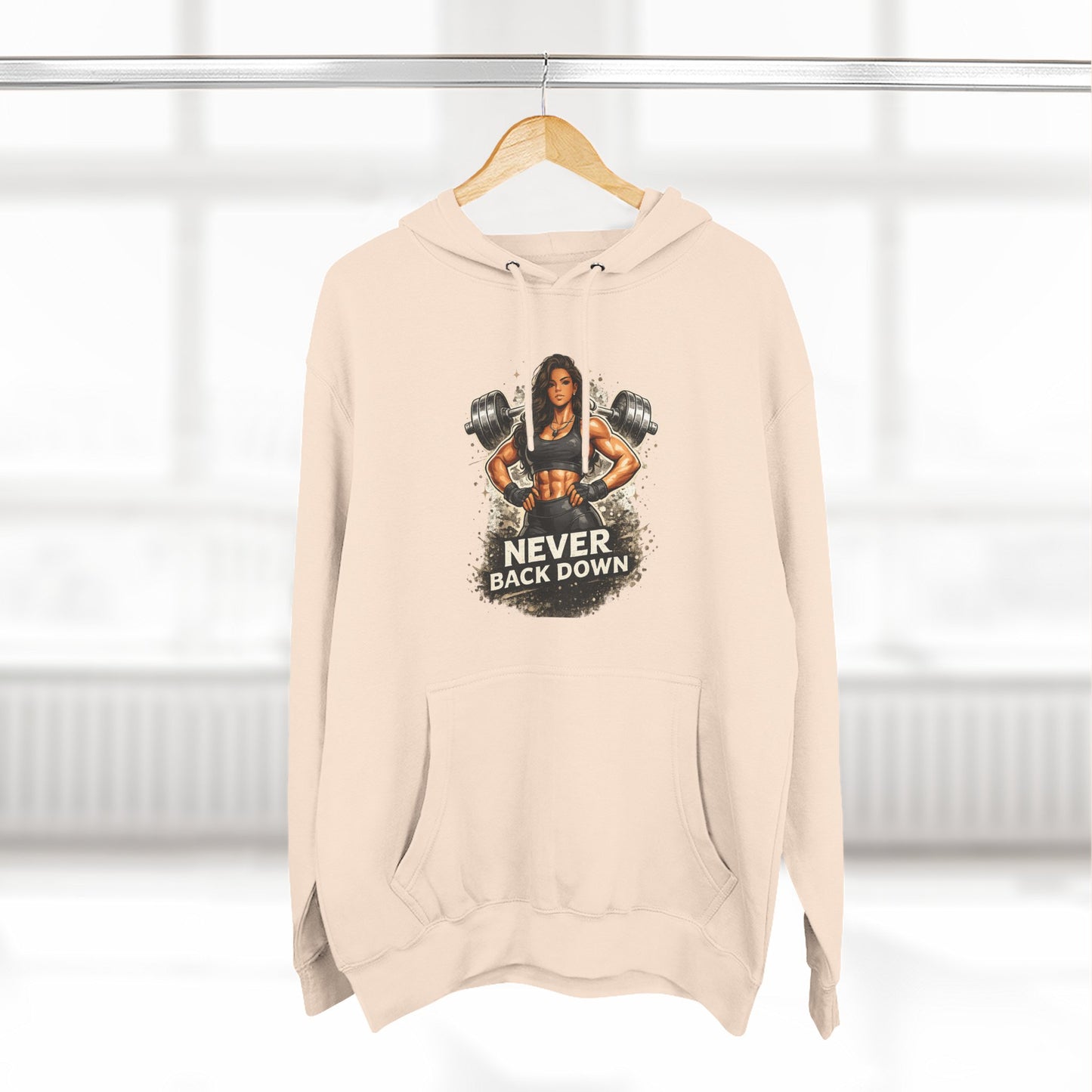Never Back Down Hoodie — Motivational Gym Hoodie with Female Weightlifter Graphic