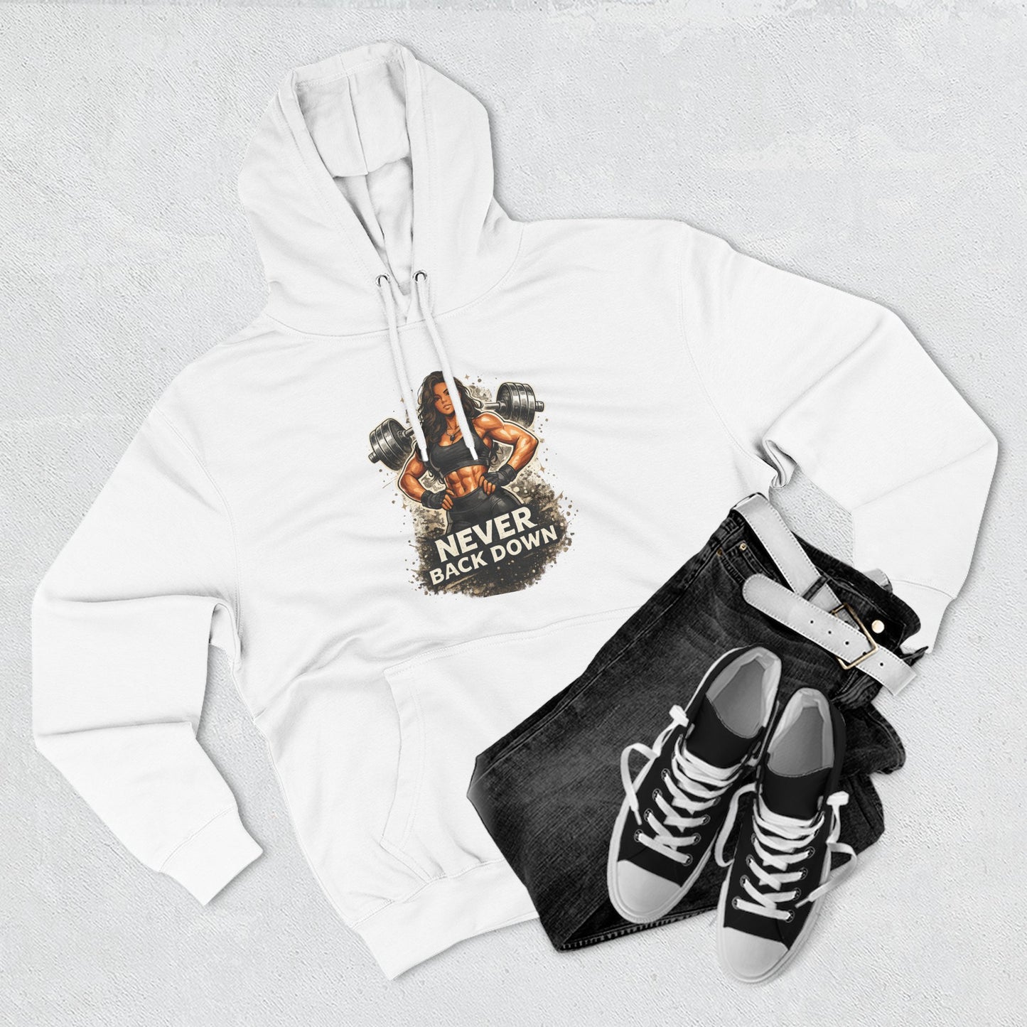 Never Back Down Hoodie — Motivational Gym Hoodie with Female Weightlifter Graphic