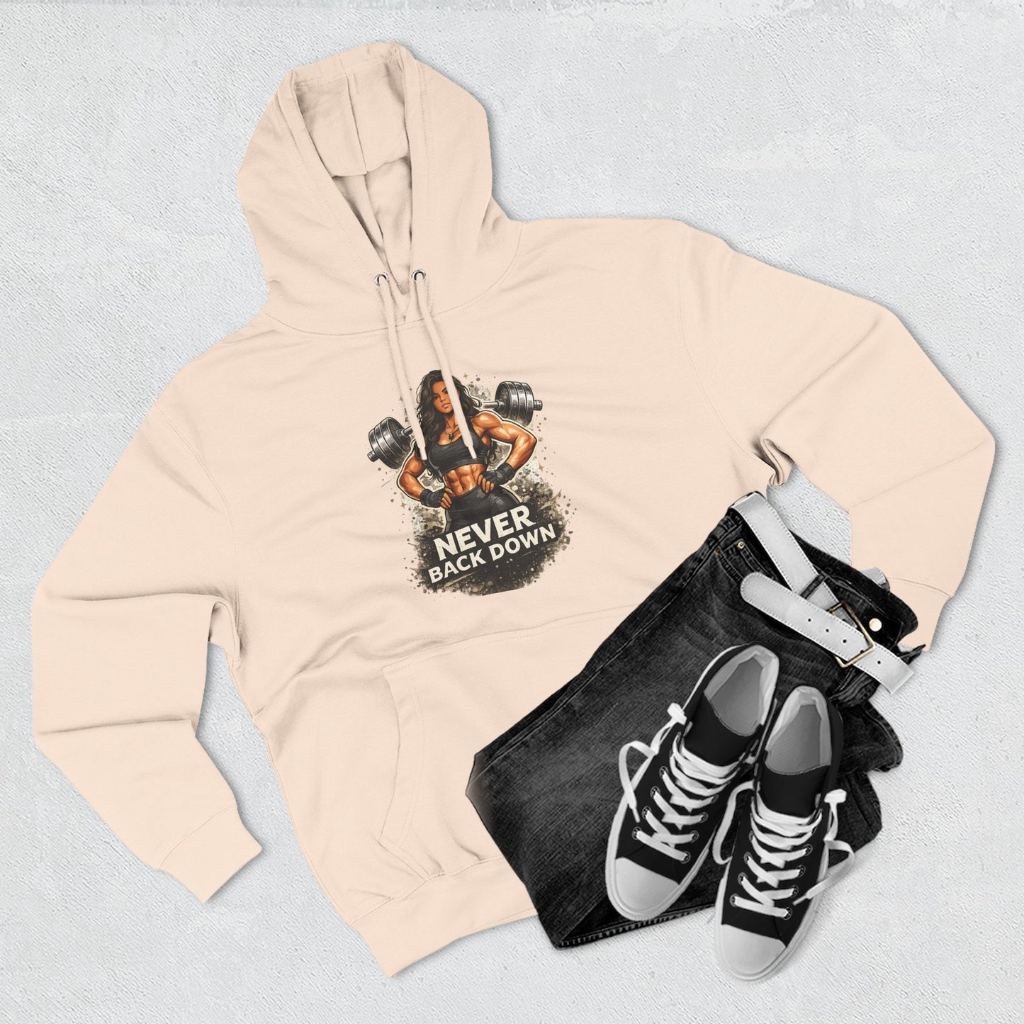Never Back Down Hoodie — Motivational Gym Hoodie with Female Weightlifter Graphic