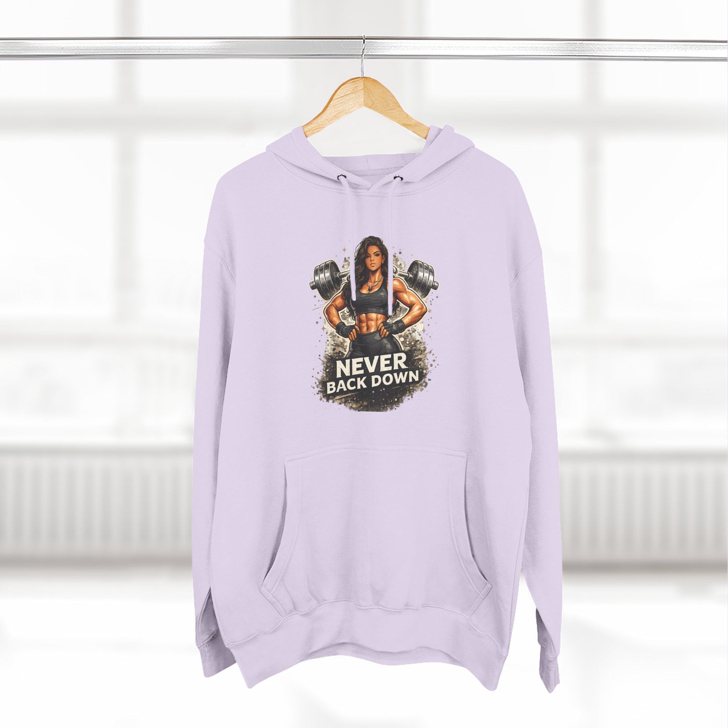 Never Back Down Hoodie — Motivational Gym Hoodie with Female Weightlifter Graphic