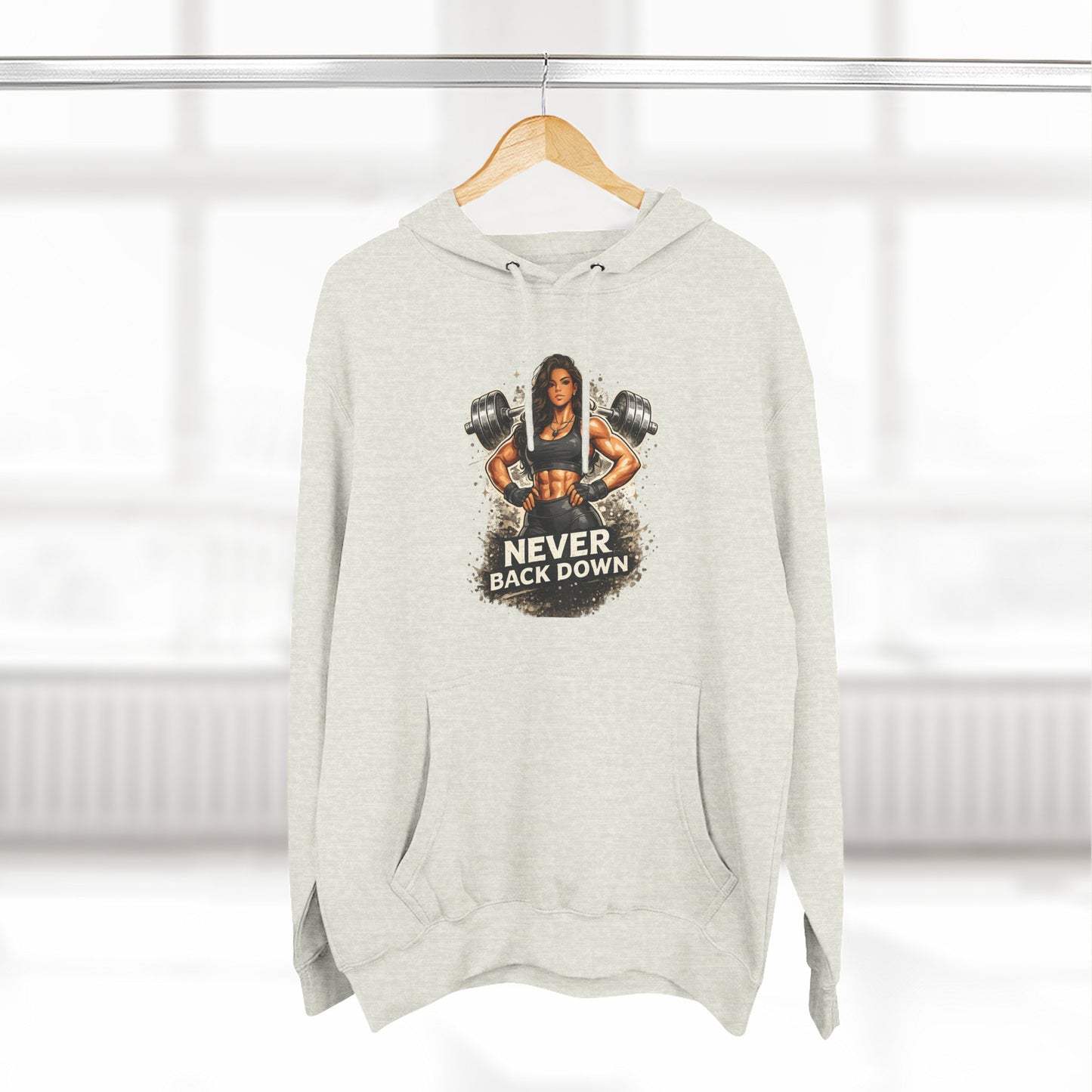 Never Back Down Hoodie — Motivational Gym Hoodie with Female Weightlifter Graphic