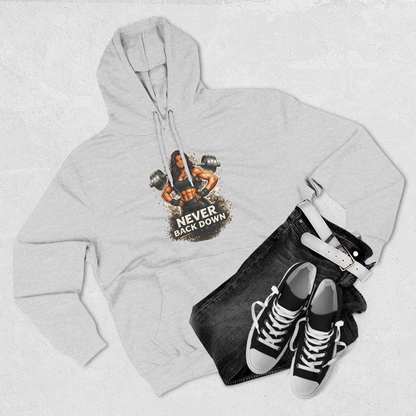 Never Back Down Hoodie — Motivational Gym Hoodie with Female Weightlifter Graphic