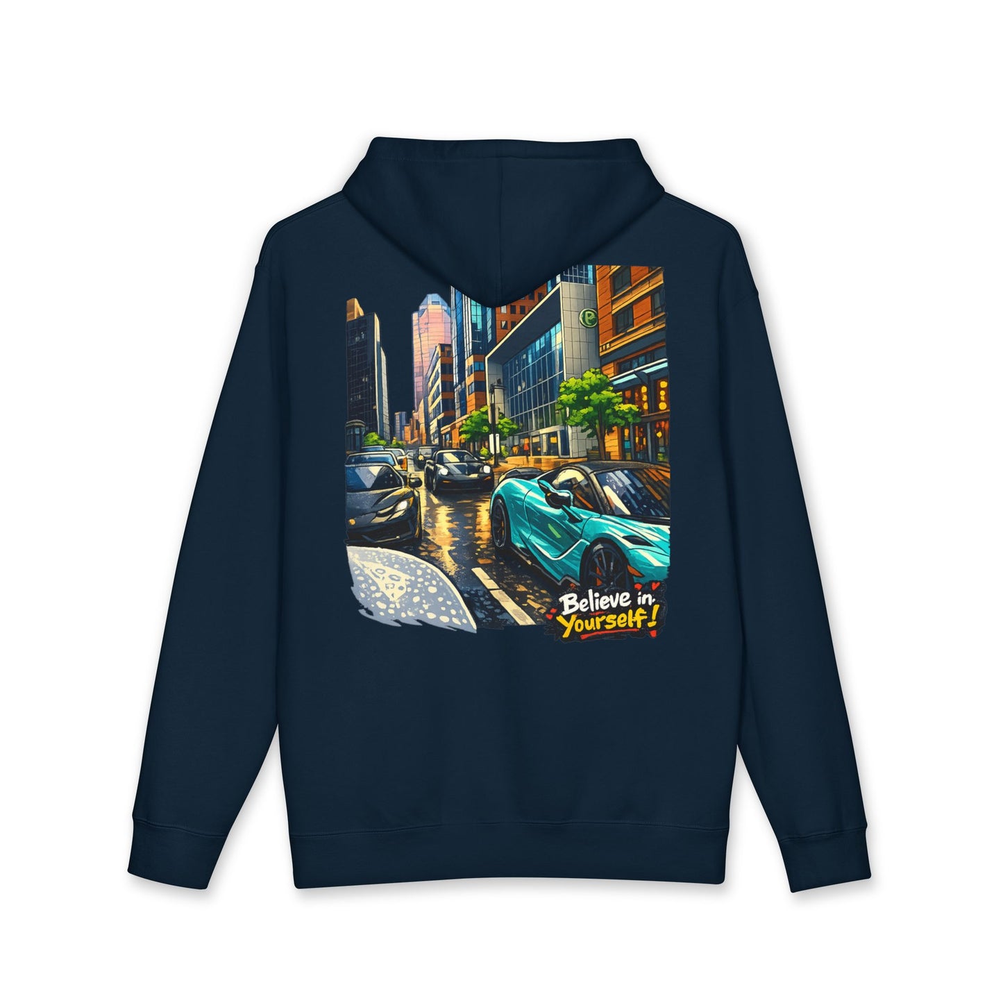City Streets Hoodie — Urban Rainy Day Car Illustration Pullover