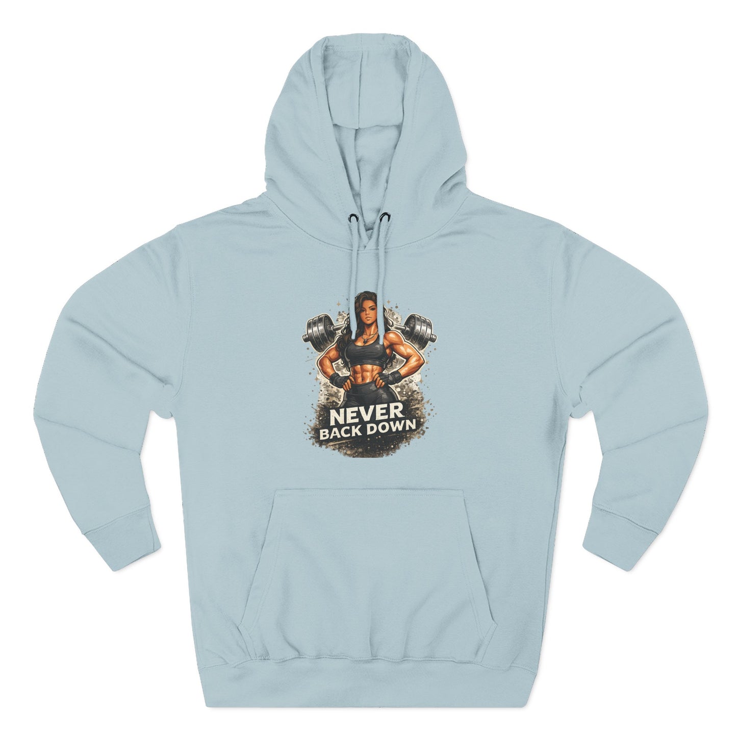 Never Back Down Hoodie — Motivational Gym Hoodie with Female Weightlifter Graphic