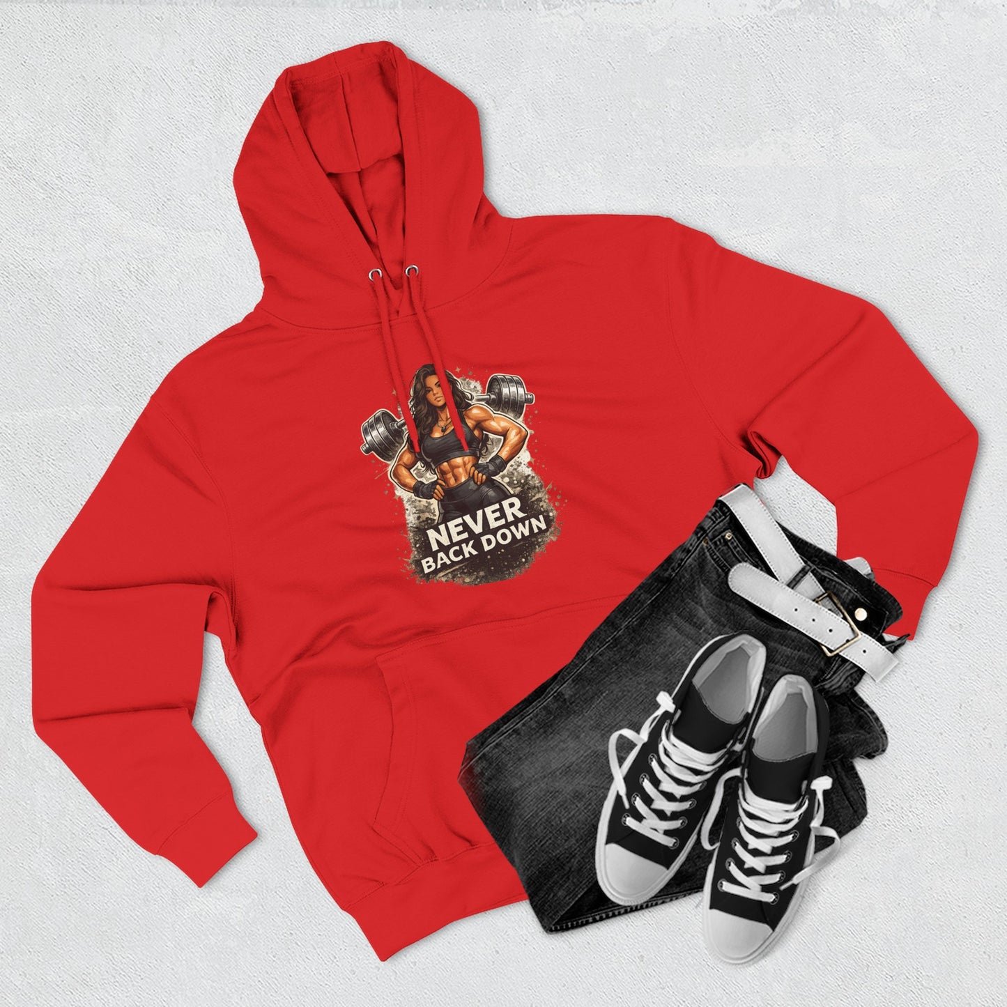 Never Back Down Hoodie — Motivational Gym Hoodie with Female Weightlifter Graphic