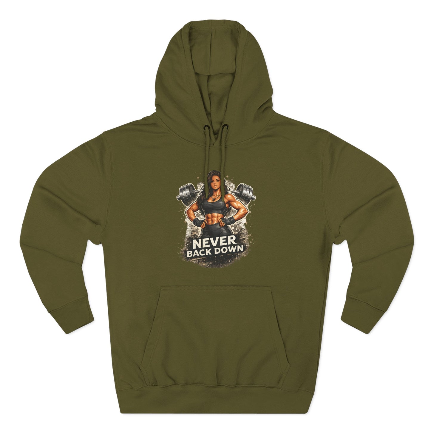 Never Back Down Hoodie — Motivational Gym Hoodie with Female Weightlifter Graphic