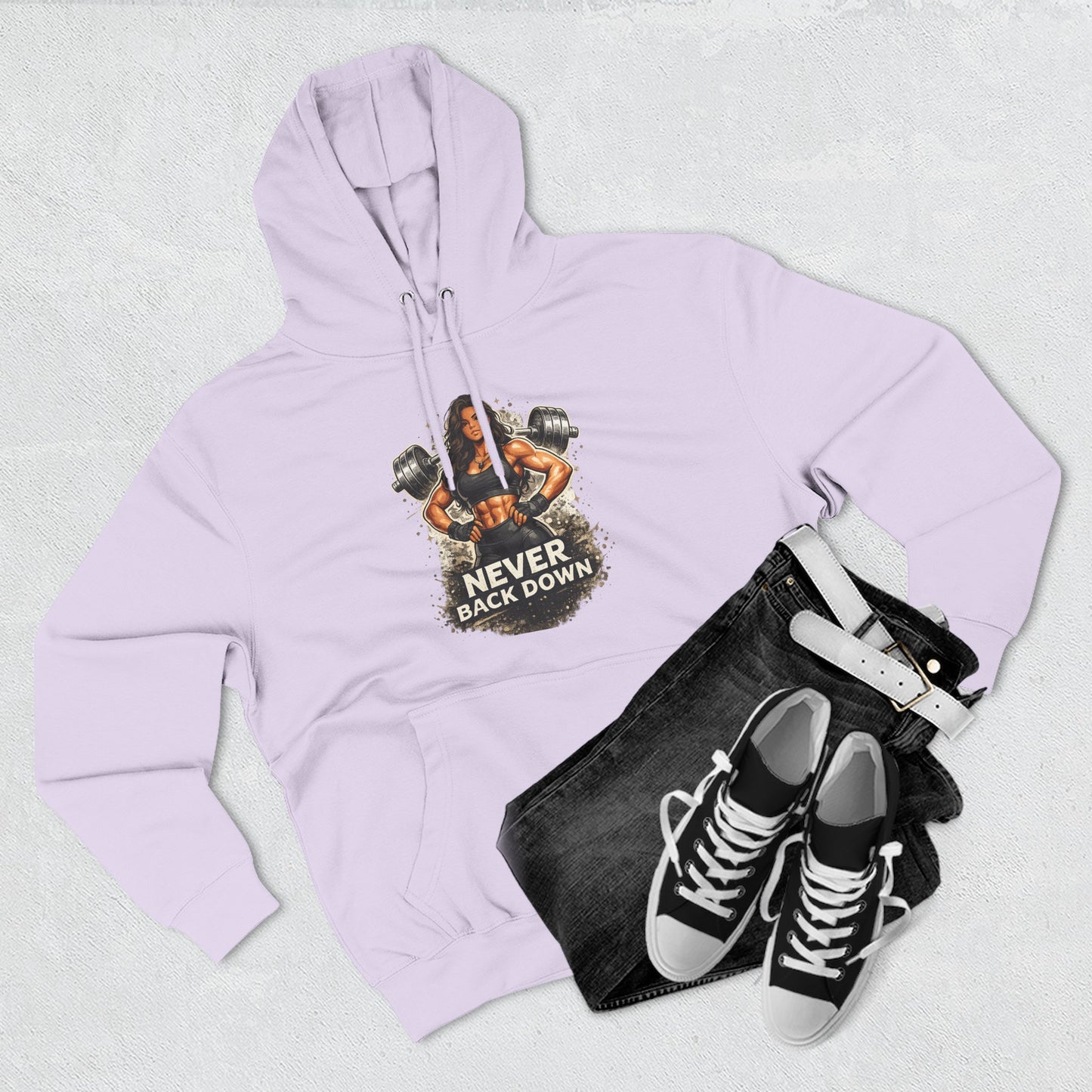 Never Back Down Hoodie — Motivational Gym Hoodie with Female Weightlifter Graphic